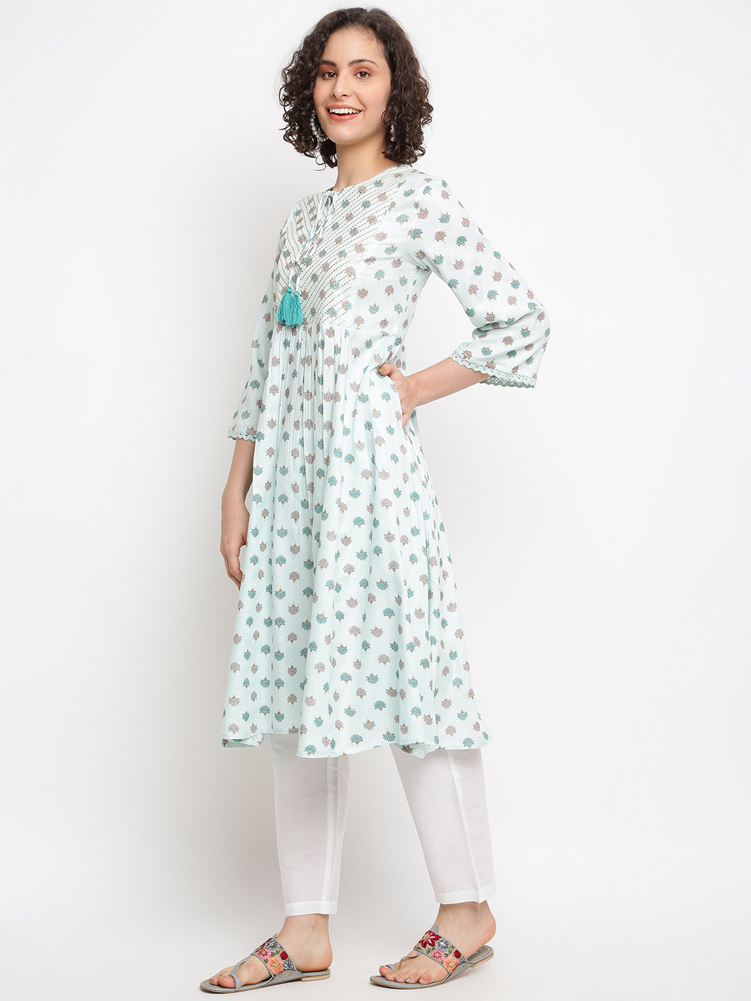 Floral Printed Blue Kurta