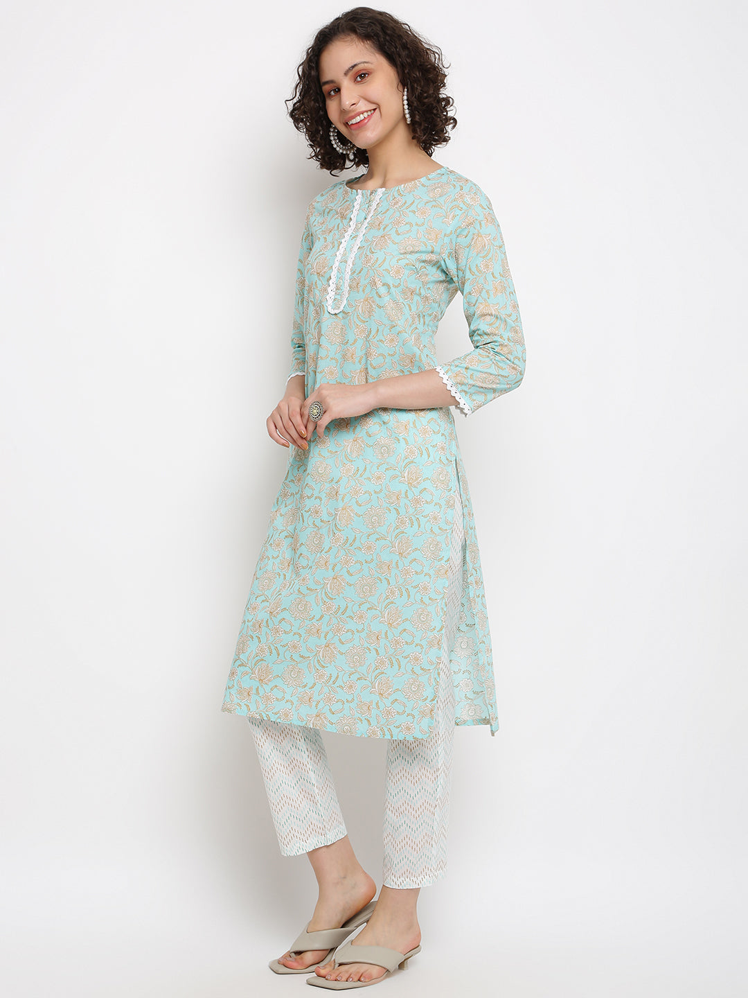 Block Floral Blue Kurta Set