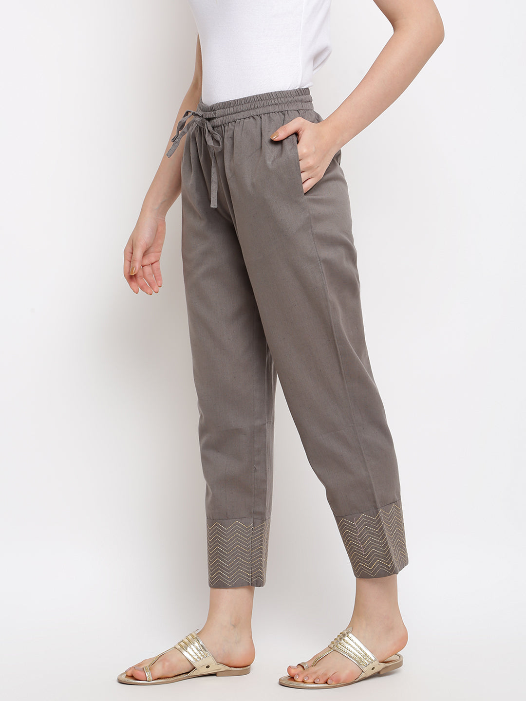 Solid Grey Elasticated Waist Ethnic Straight Pant