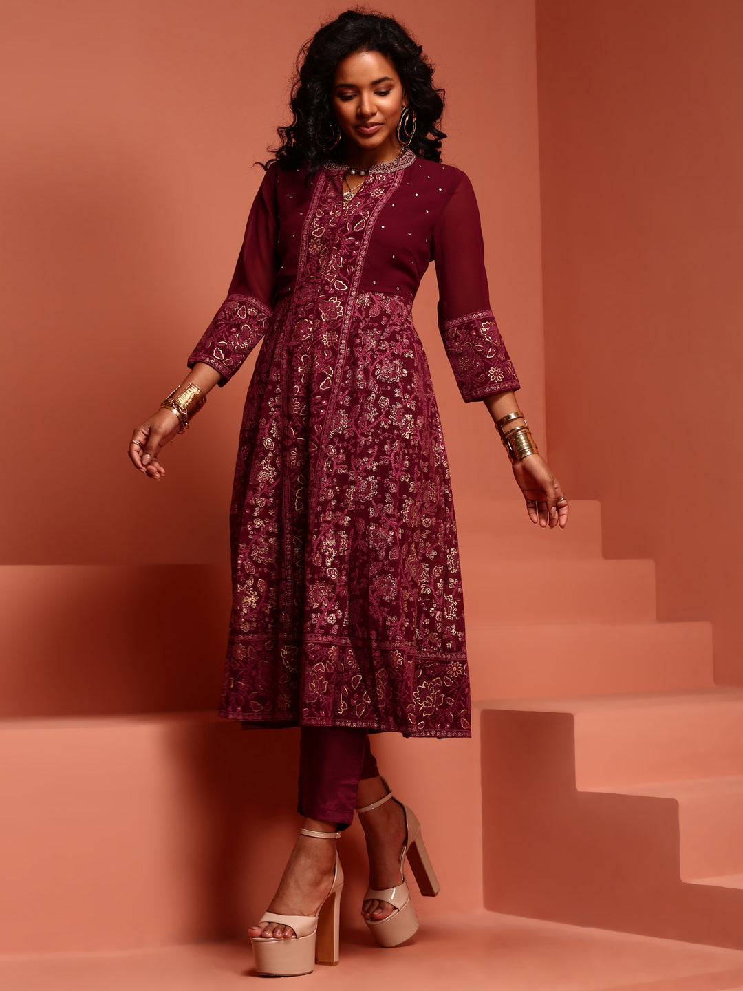 Maroon Printed Shantoon Gathered Kurta Set