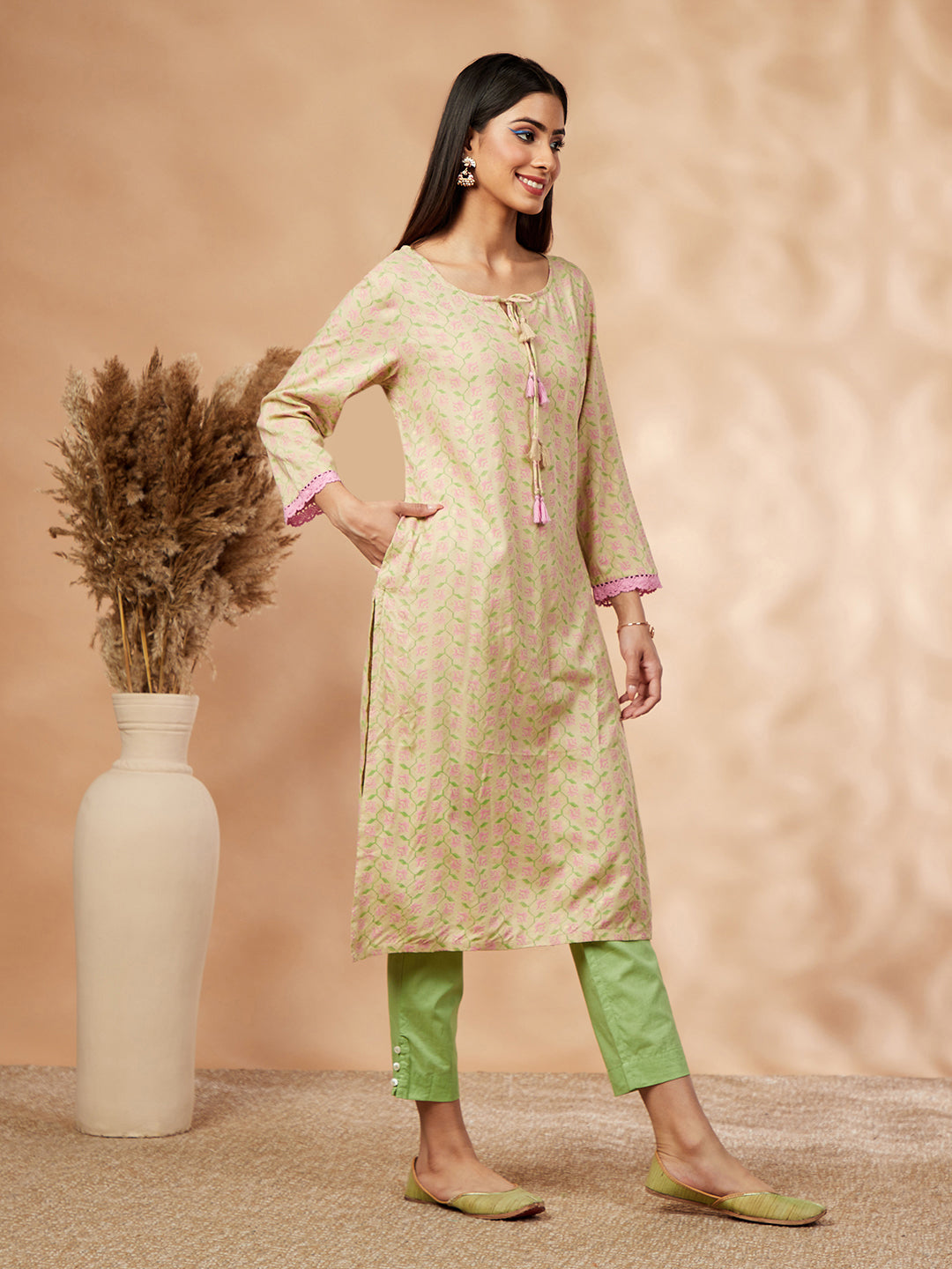 Beige Print Straight Kurta