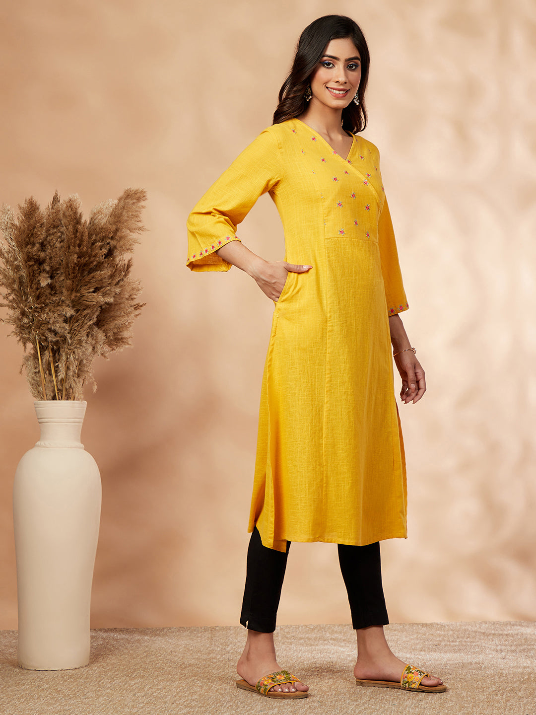 Mustard Floral Embellished A-Line Kurta