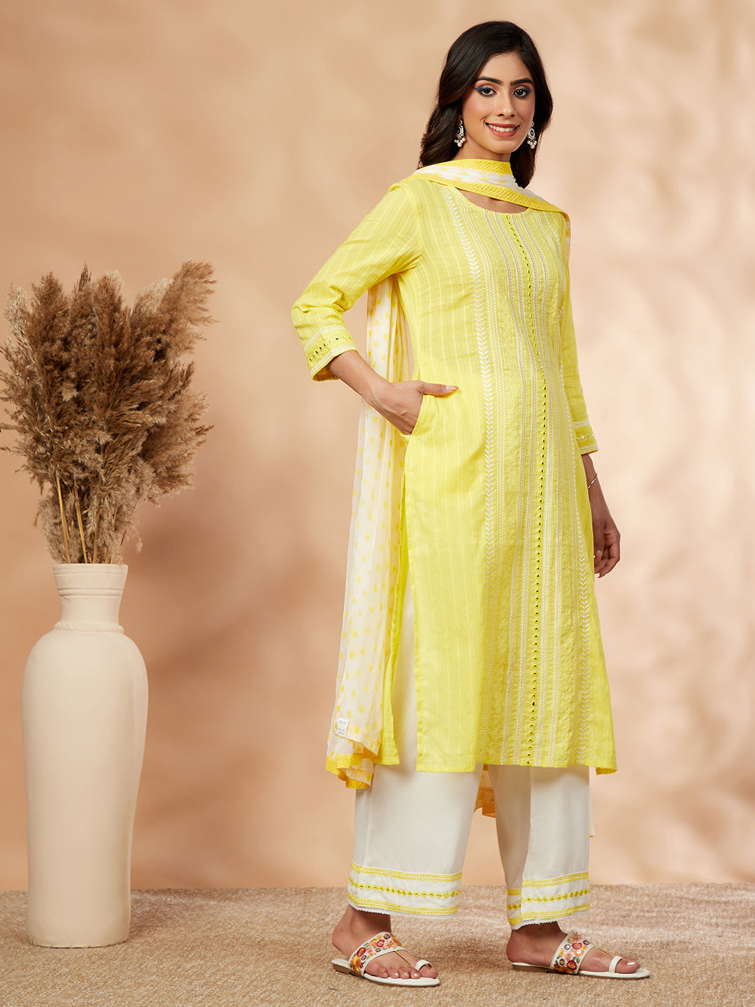 Yellow Embroidered Cotton Kurta Set