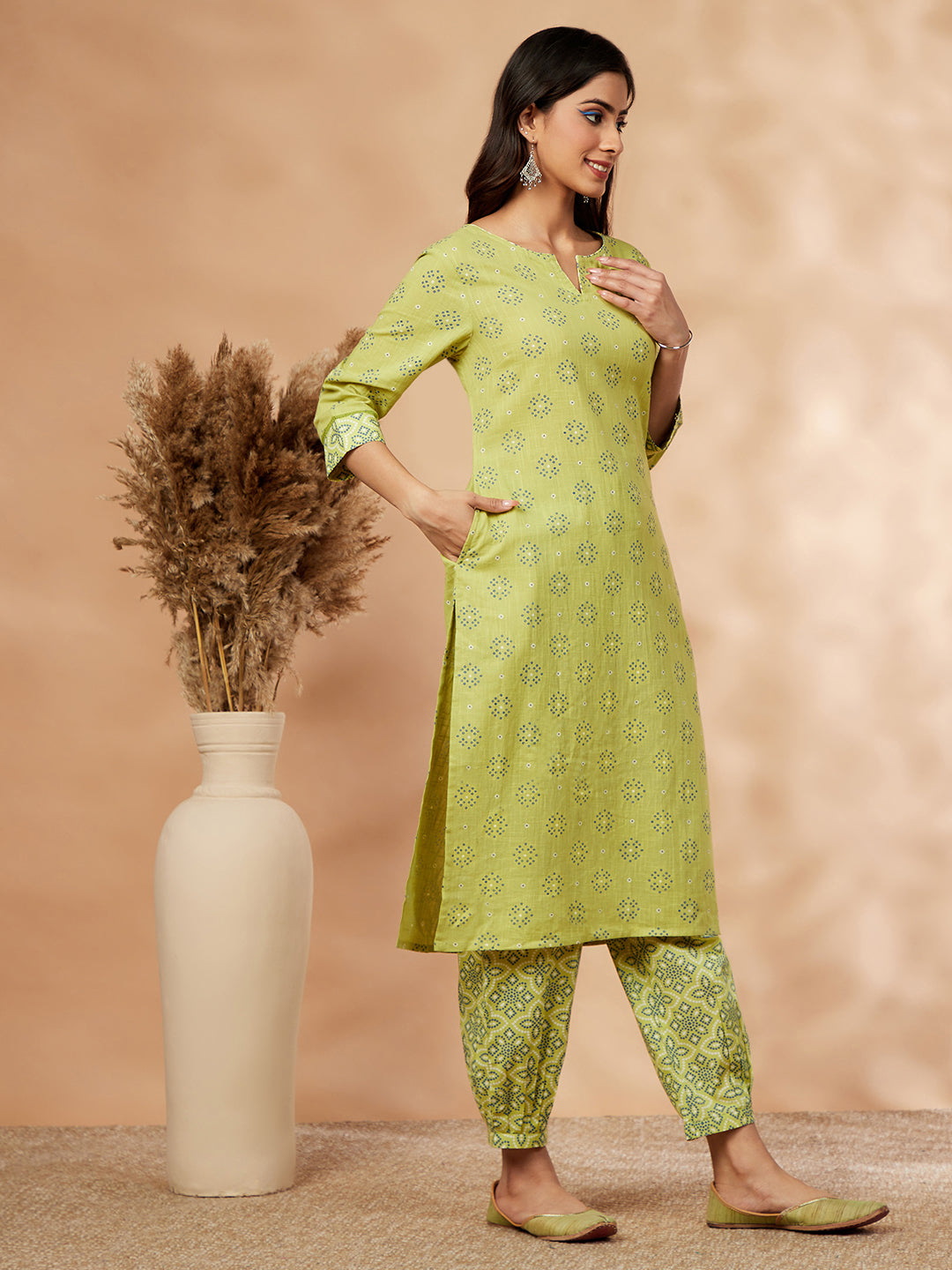 Green Printed Straight Kurta Set