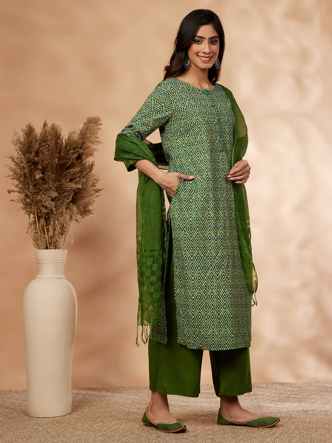 Printed Green Kurta Set