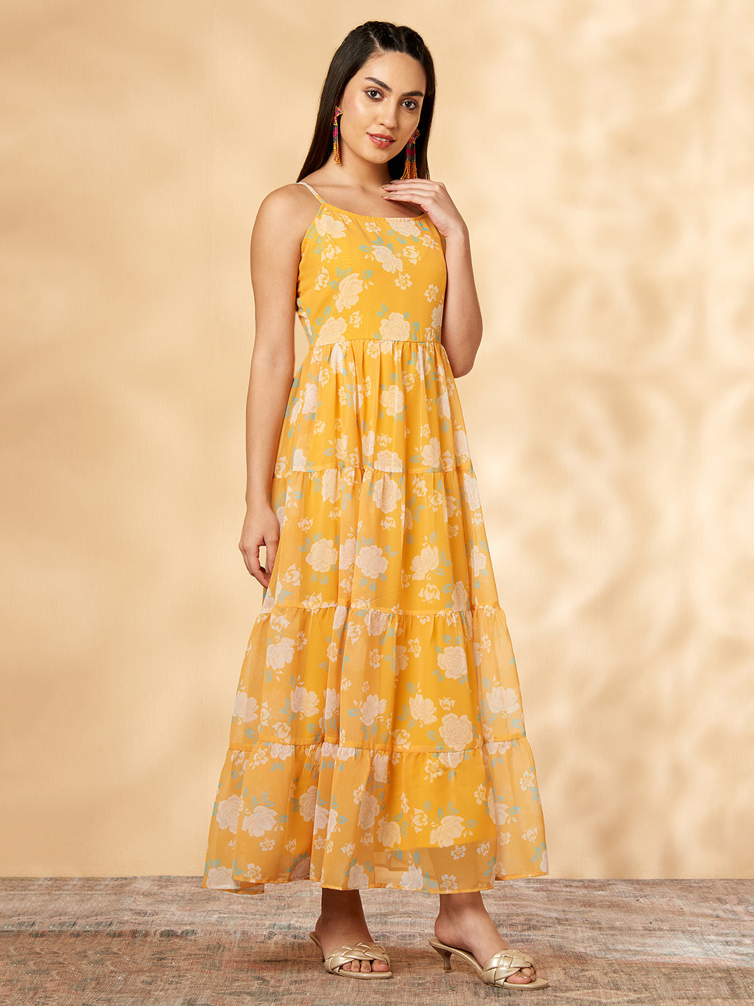 Floral Yellow Printed Tiered Dress