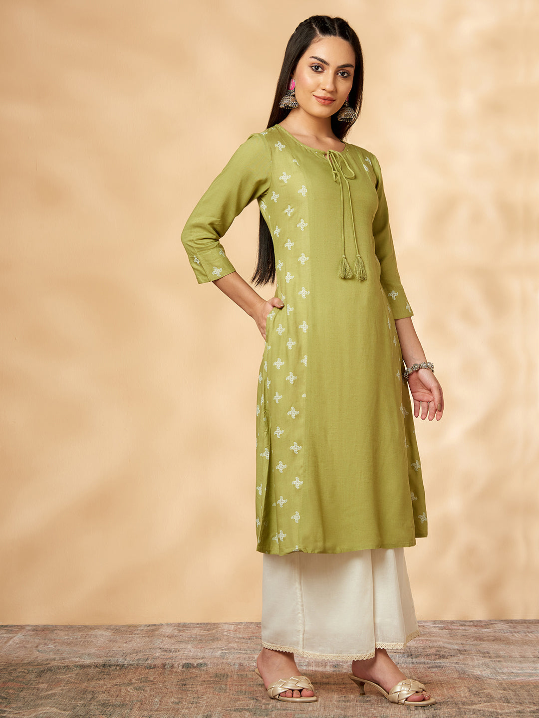 Printed A-line Lime Green Kurta