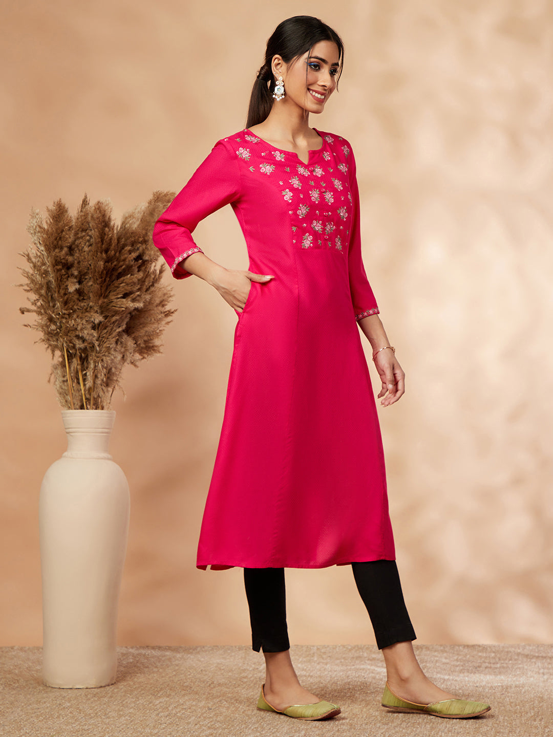 Floral Fuchsia Embellished A-Line Kurta