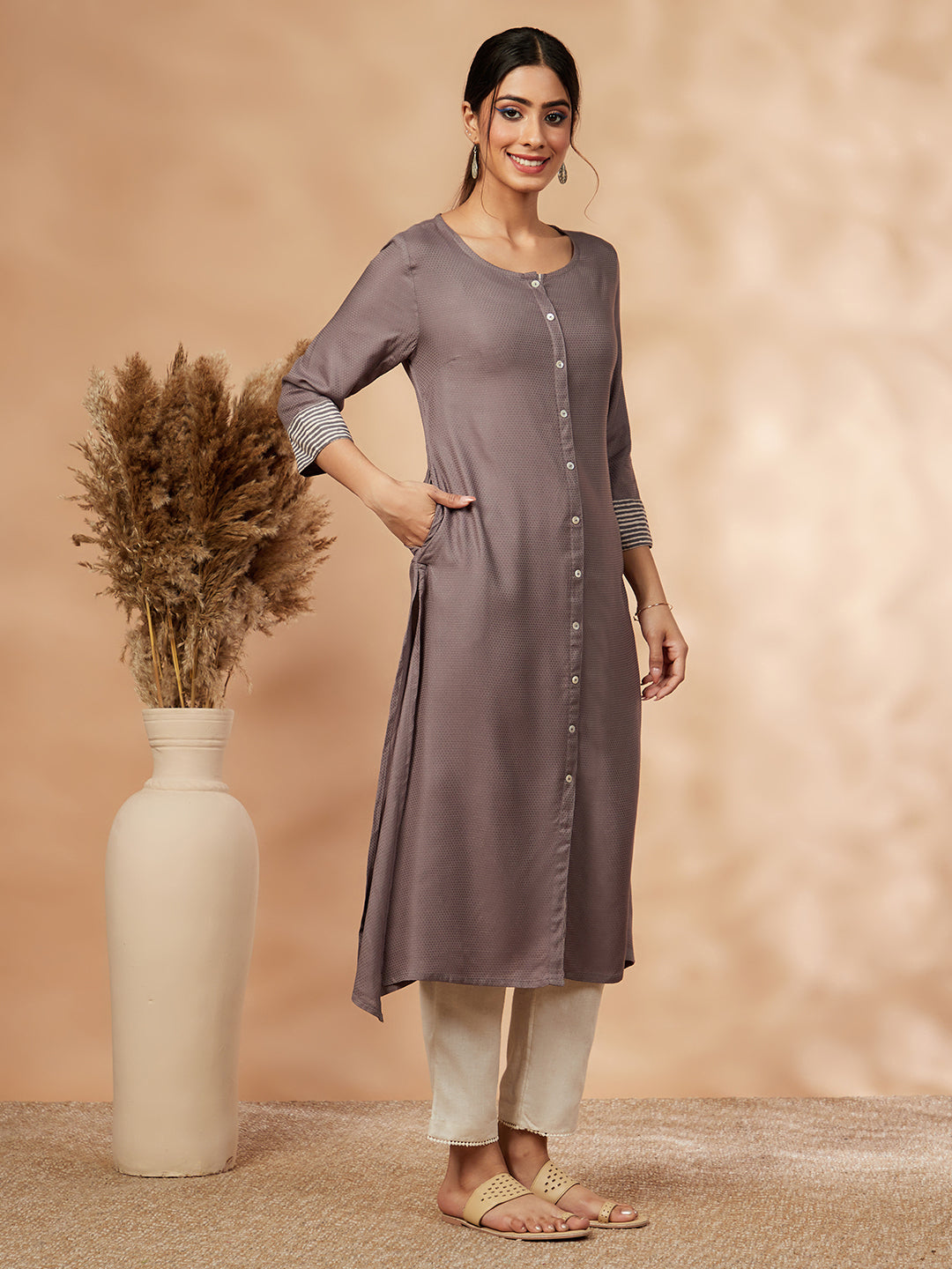 Solid Grey A-Line Kurta