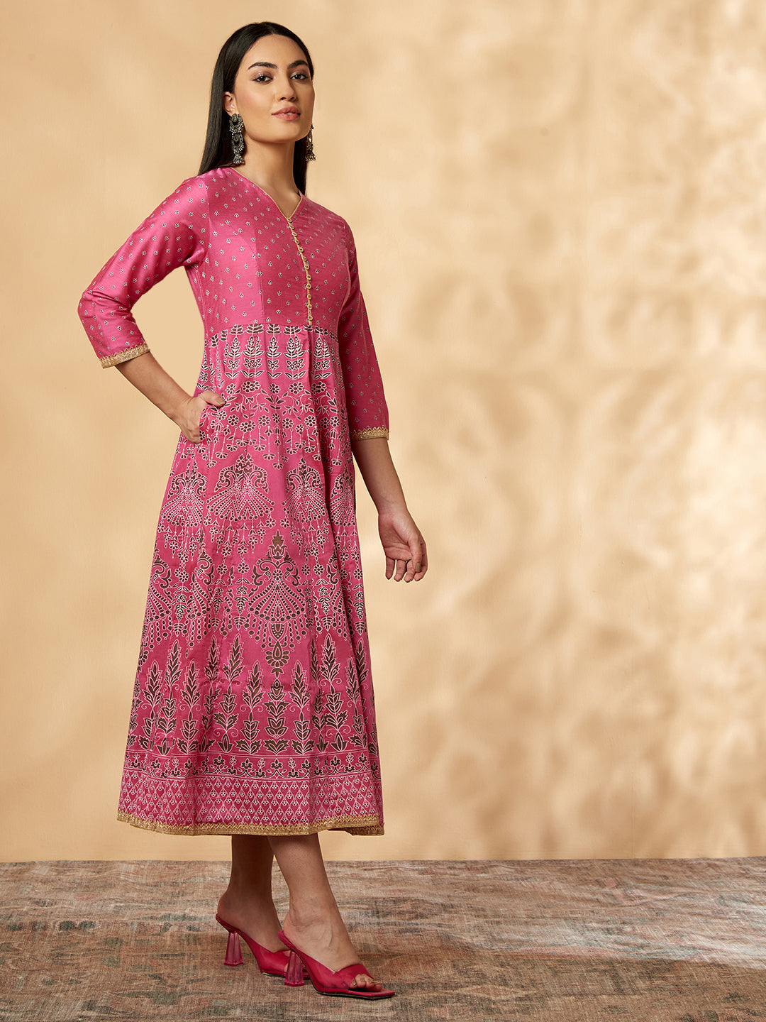 Pink Printed Kalidar Dress