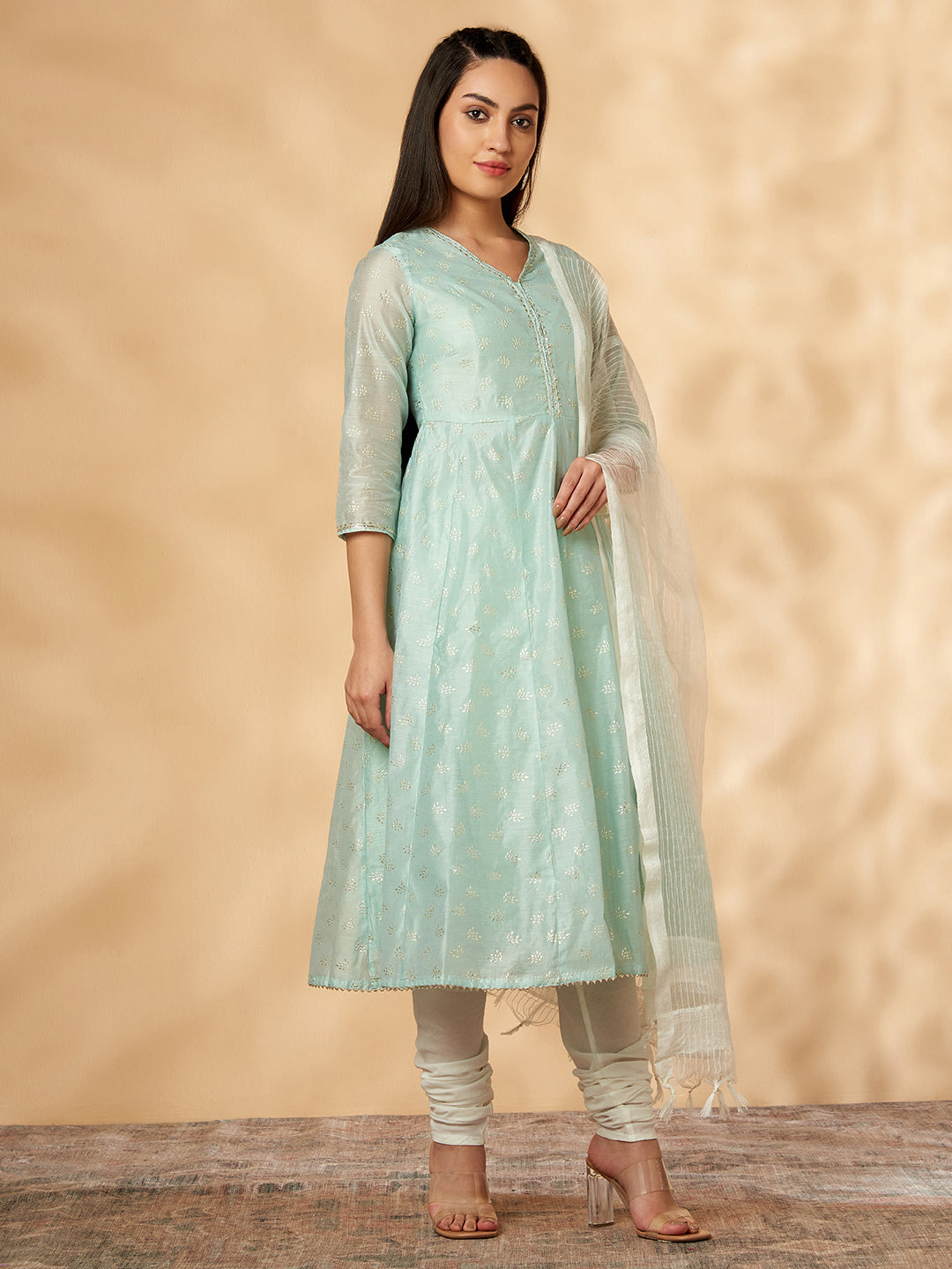 Green Printed Kalidar Kurta Set