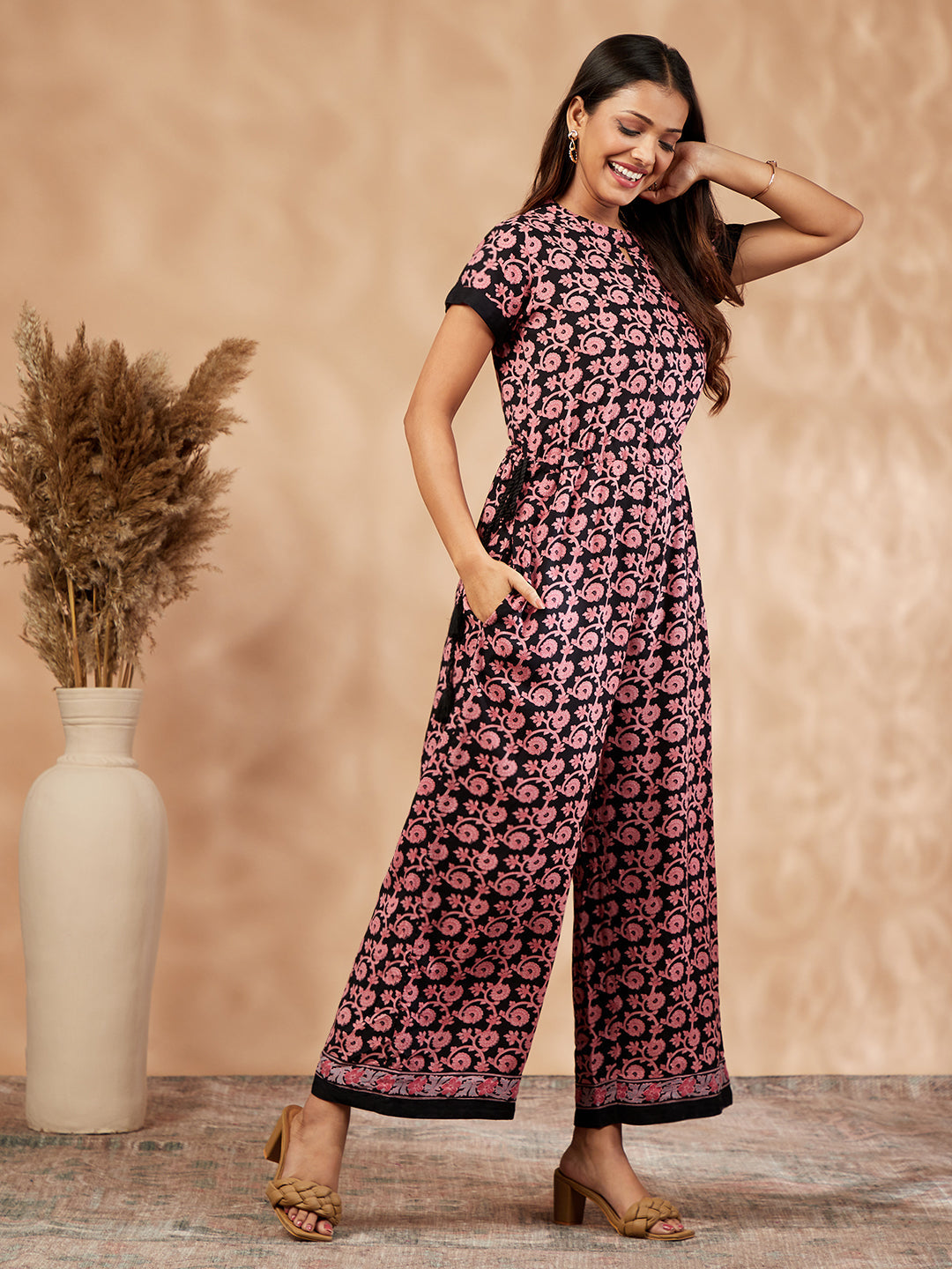 Black Floral Print  Flared Jumpsuit