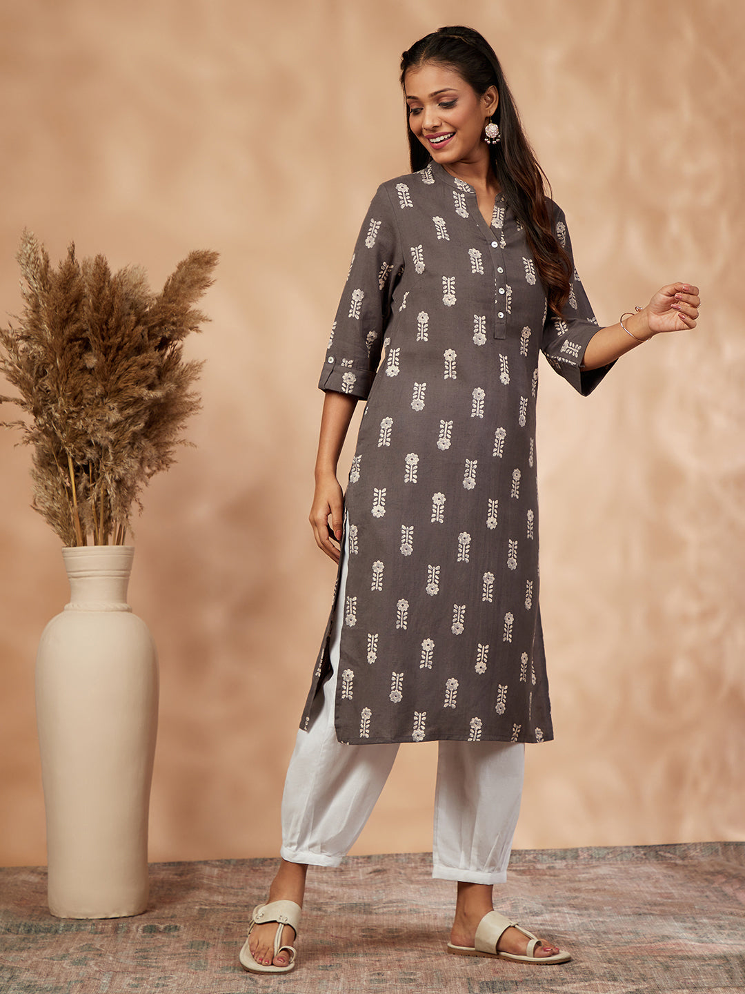 Printed Grey Straight Kurta