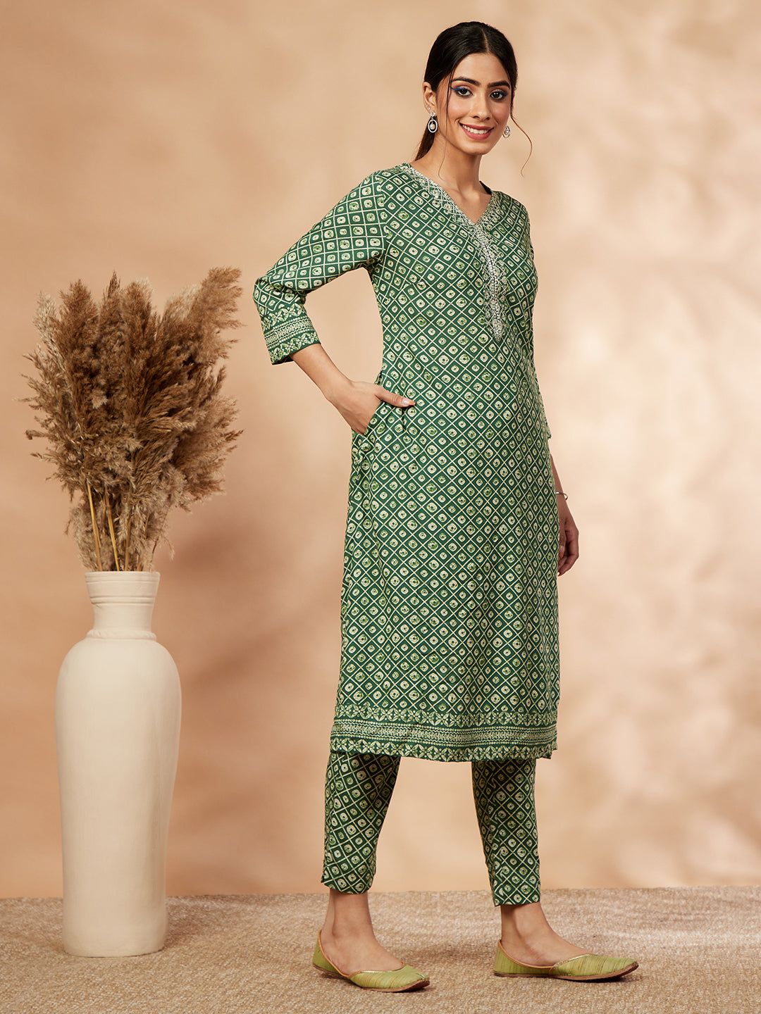 Printed Green A-Line Kurta set