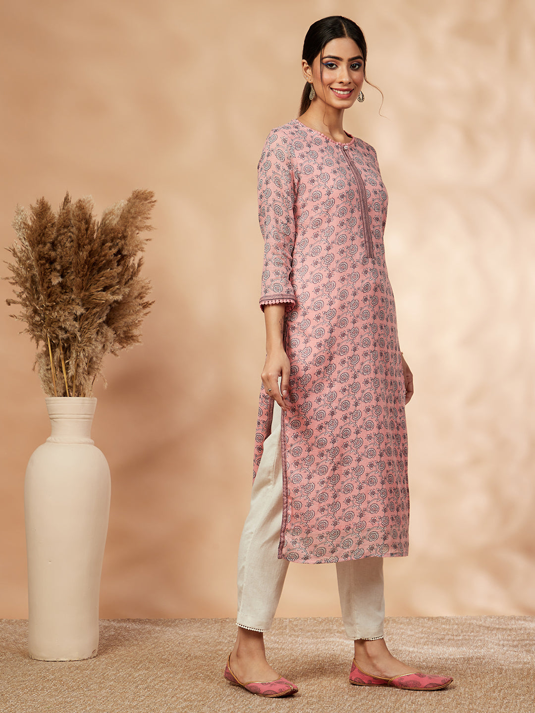 Light Pink Floral Print Straight Kurta