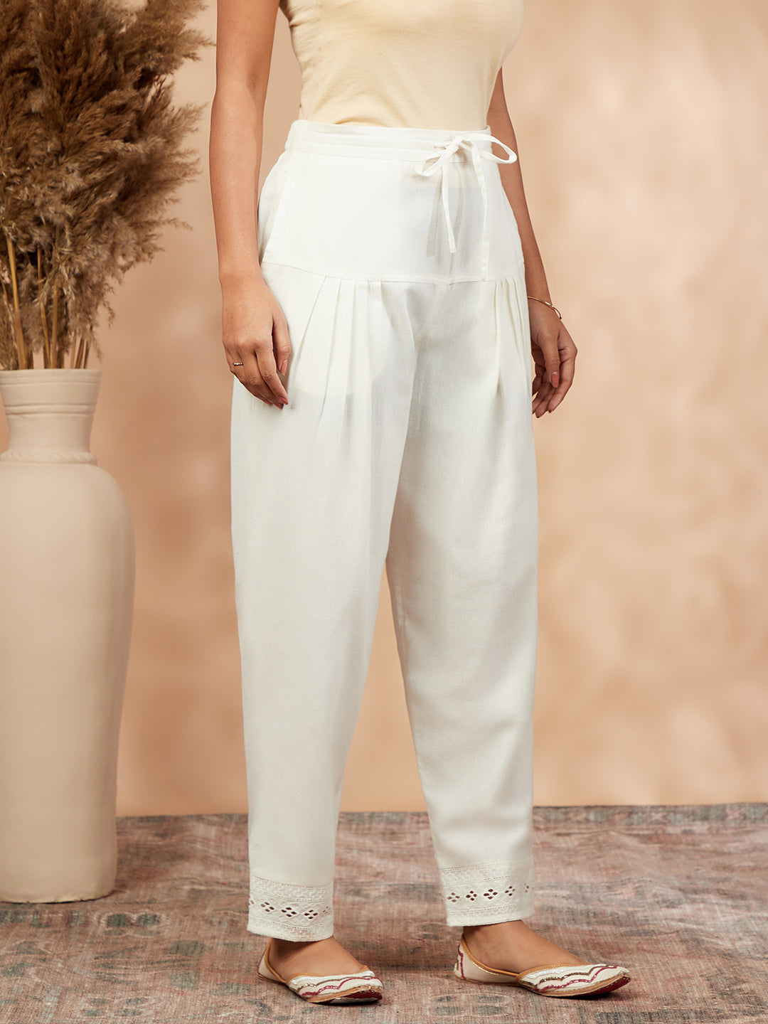 Solid Off-White Straight Pants