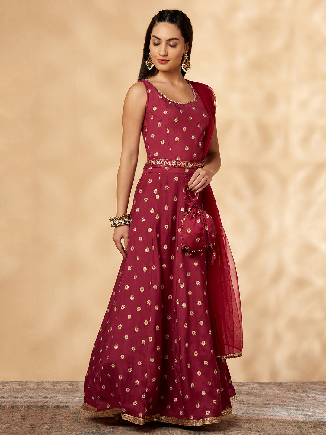 Wine Printed Belt Anarkali Lehenga Set