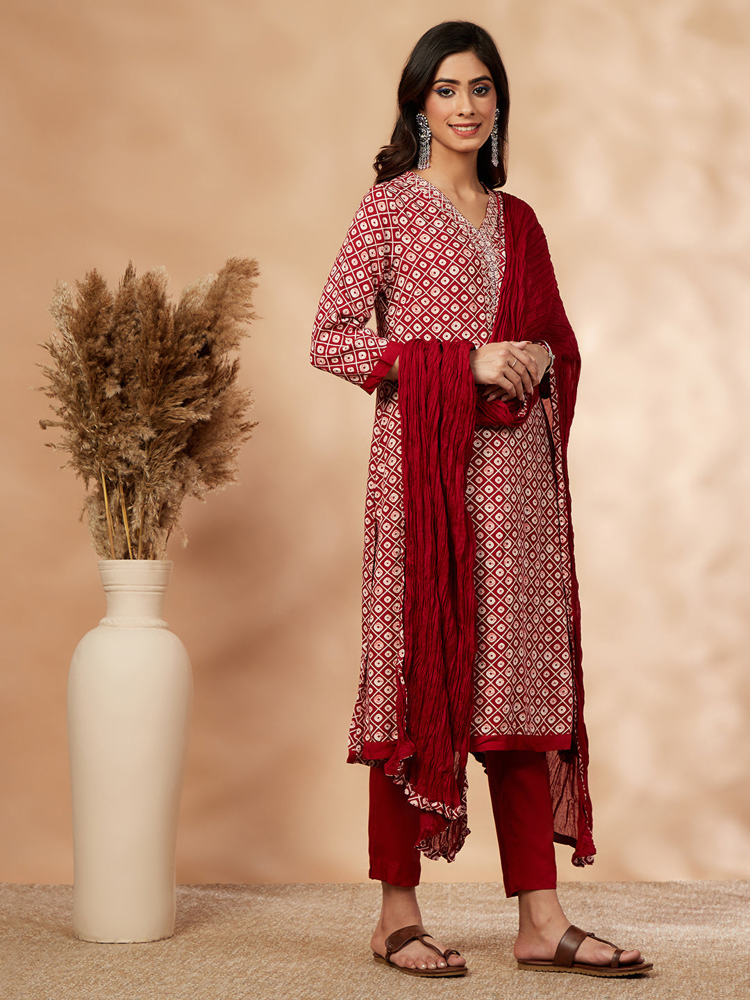 Red Printed A-Line Kurta Set