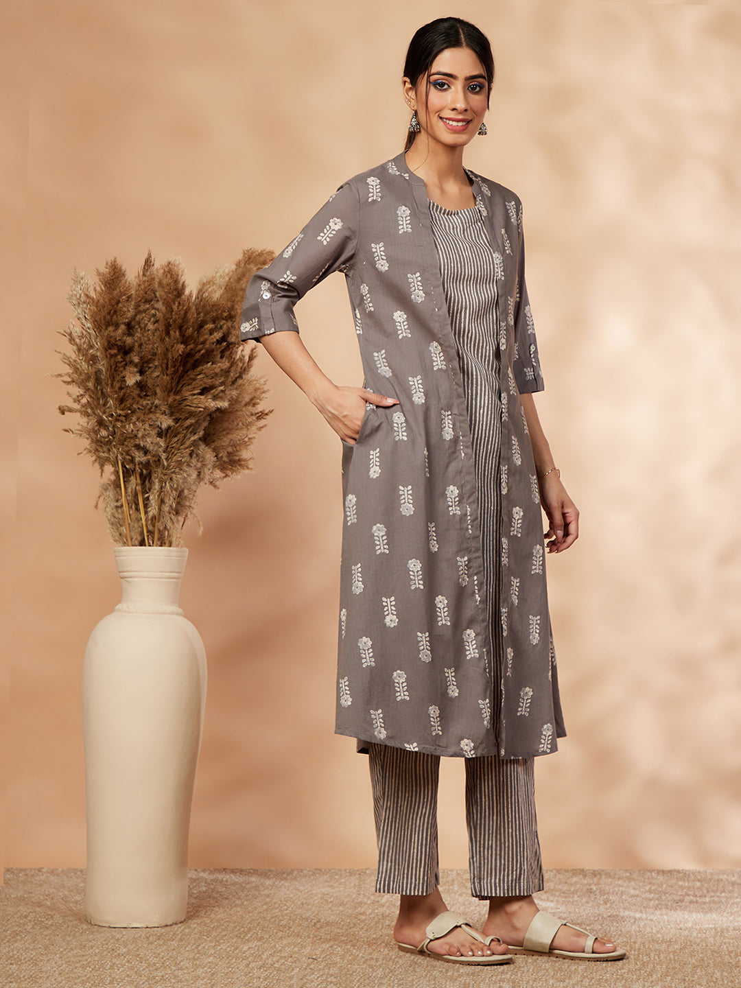 Grey Printed A-Line Kurta Set