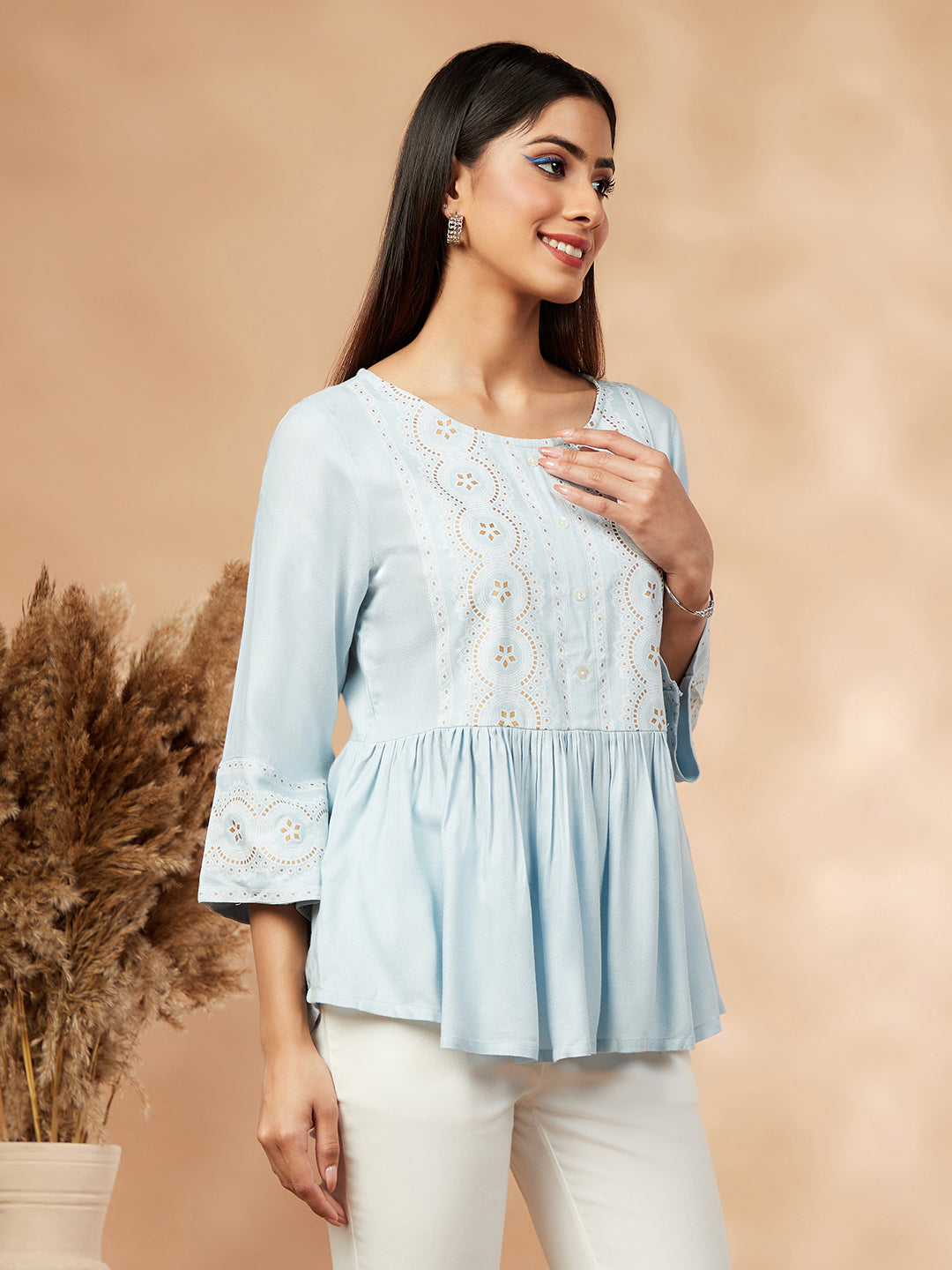 Light Blue Printed Gathered Top