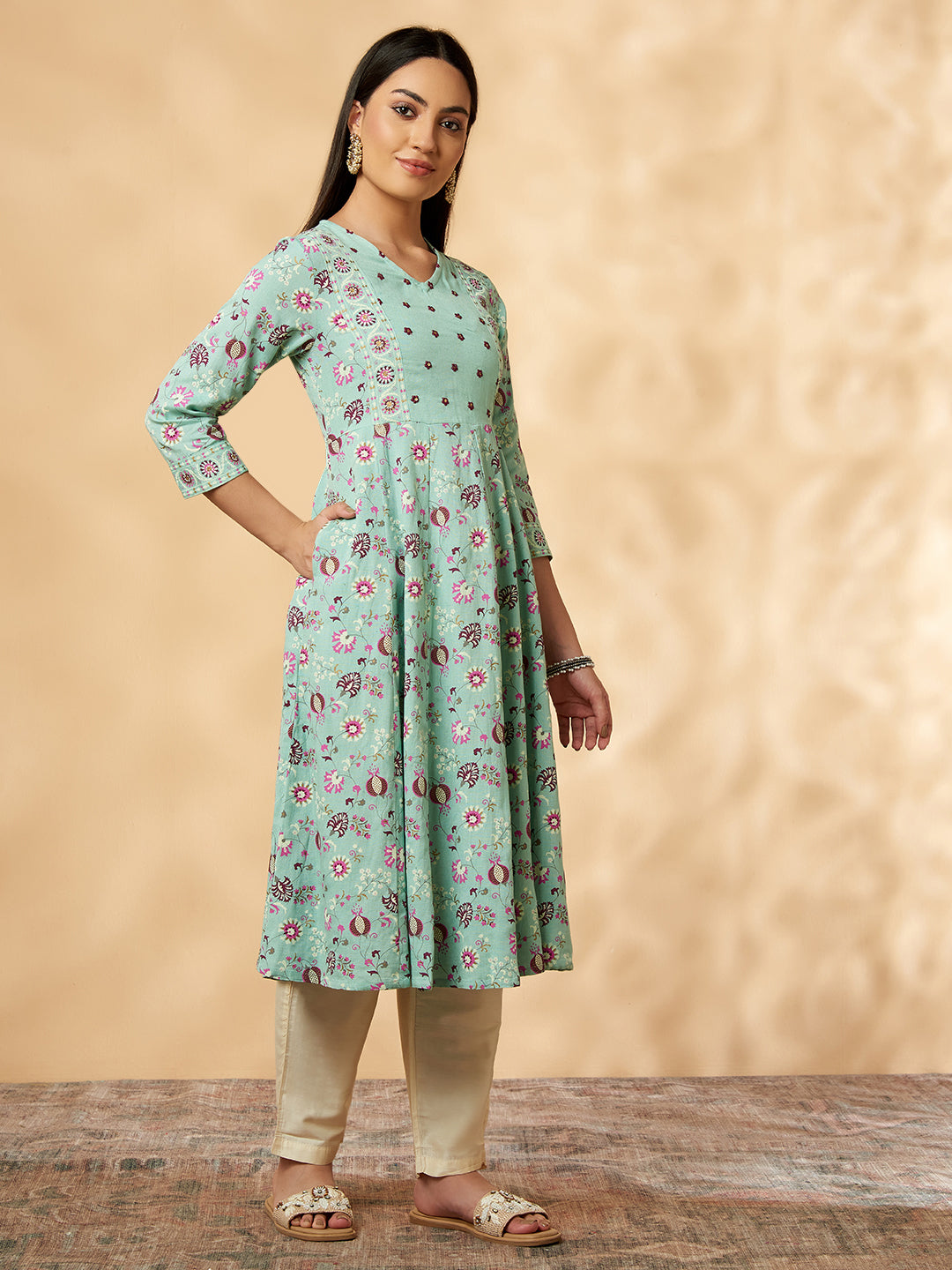 Mint Printed Rayon Kalidar Kurta