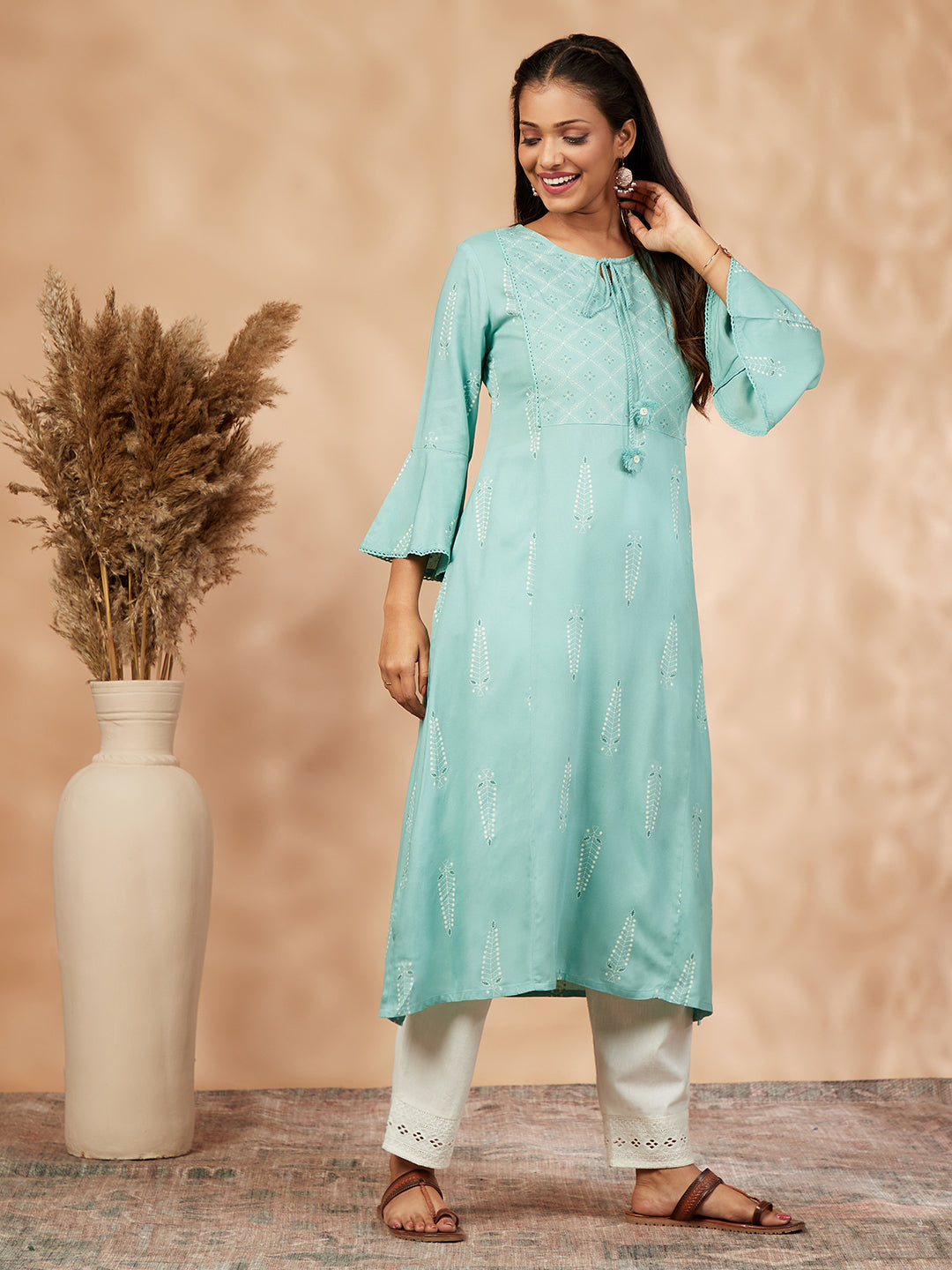 Sage Green Printed A-Line Kurta