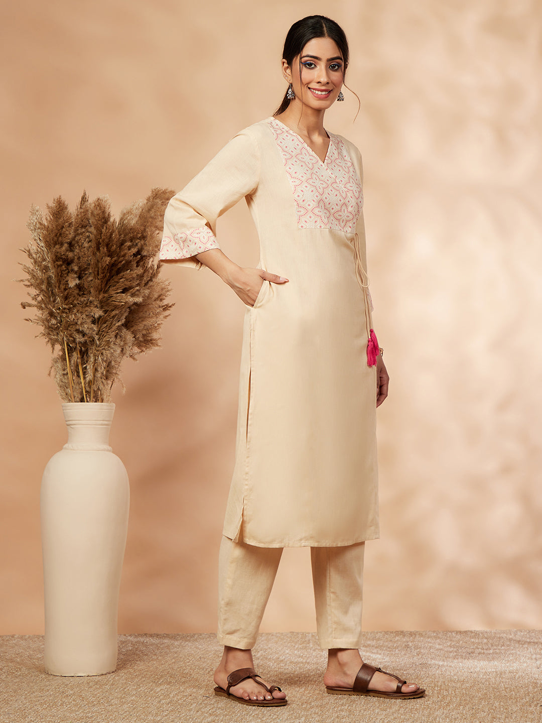 Beige Printed Straight Kurta Set