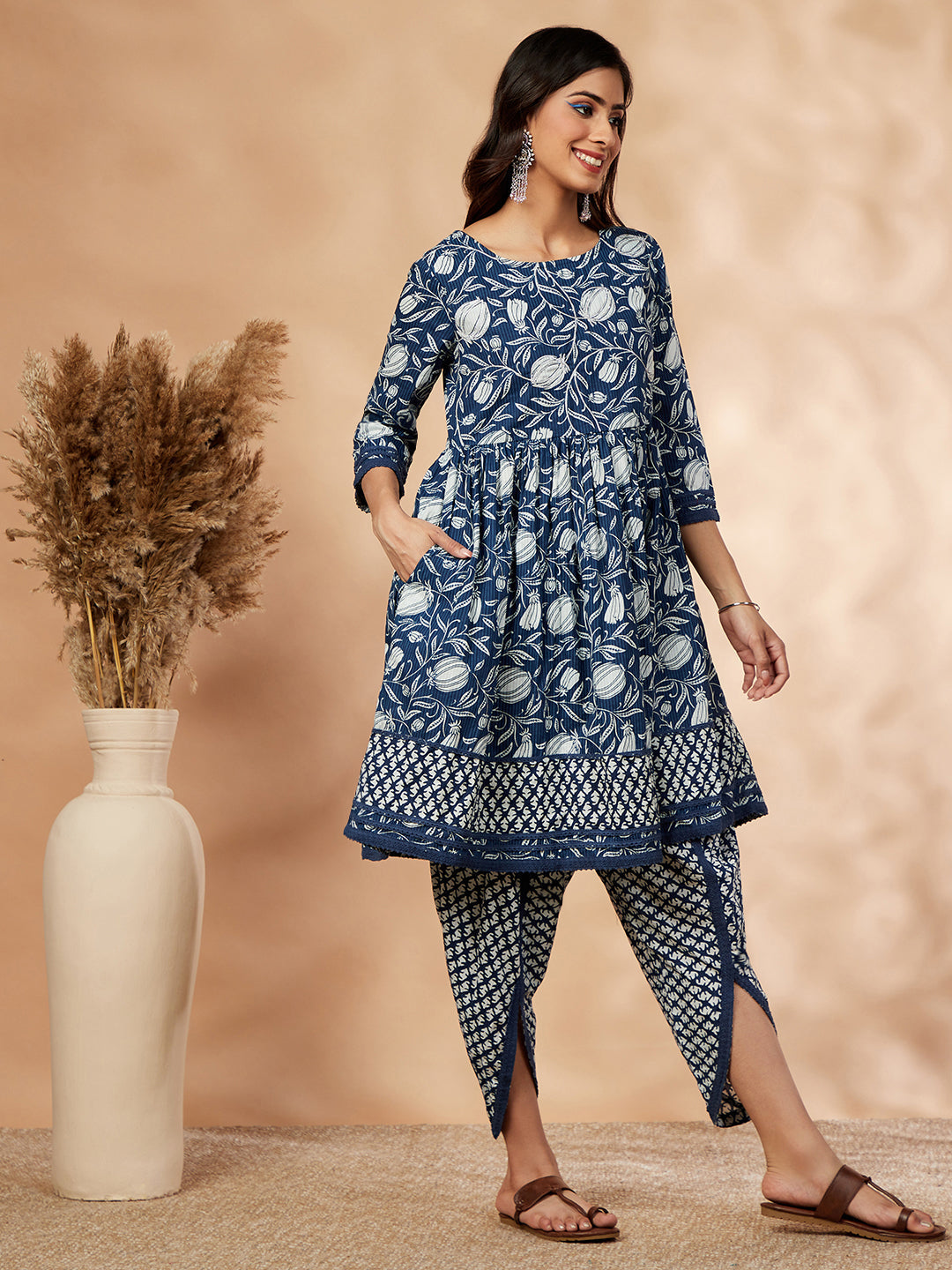 Indigo Printed Cotton Gathered Kurta-Dhoti Pant Set