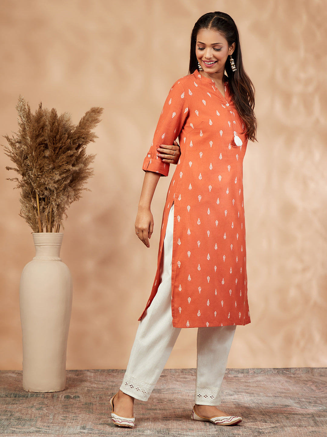 Printed Orange Straight Kurta