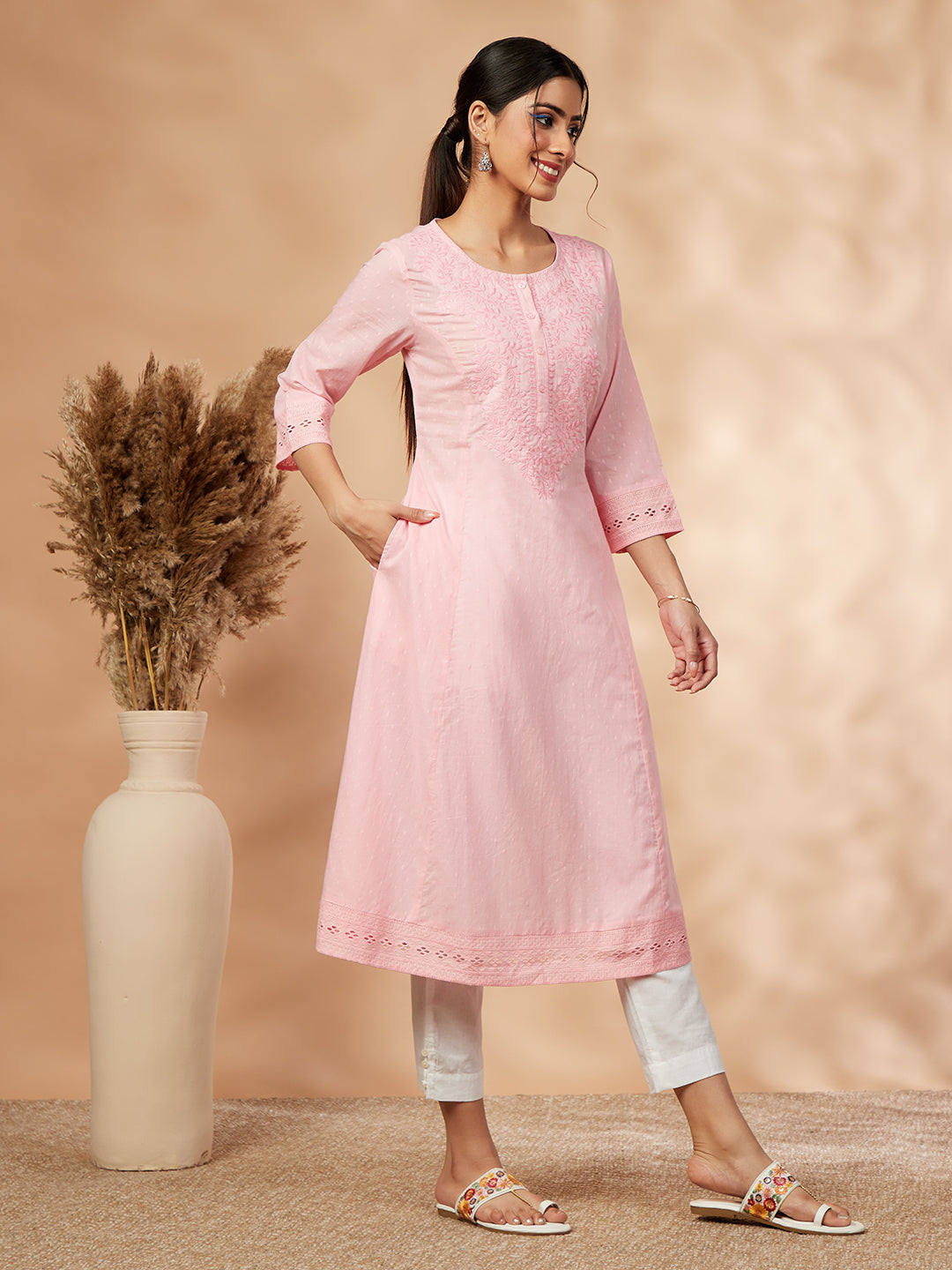 Embellished Light Pink Straight Kurta