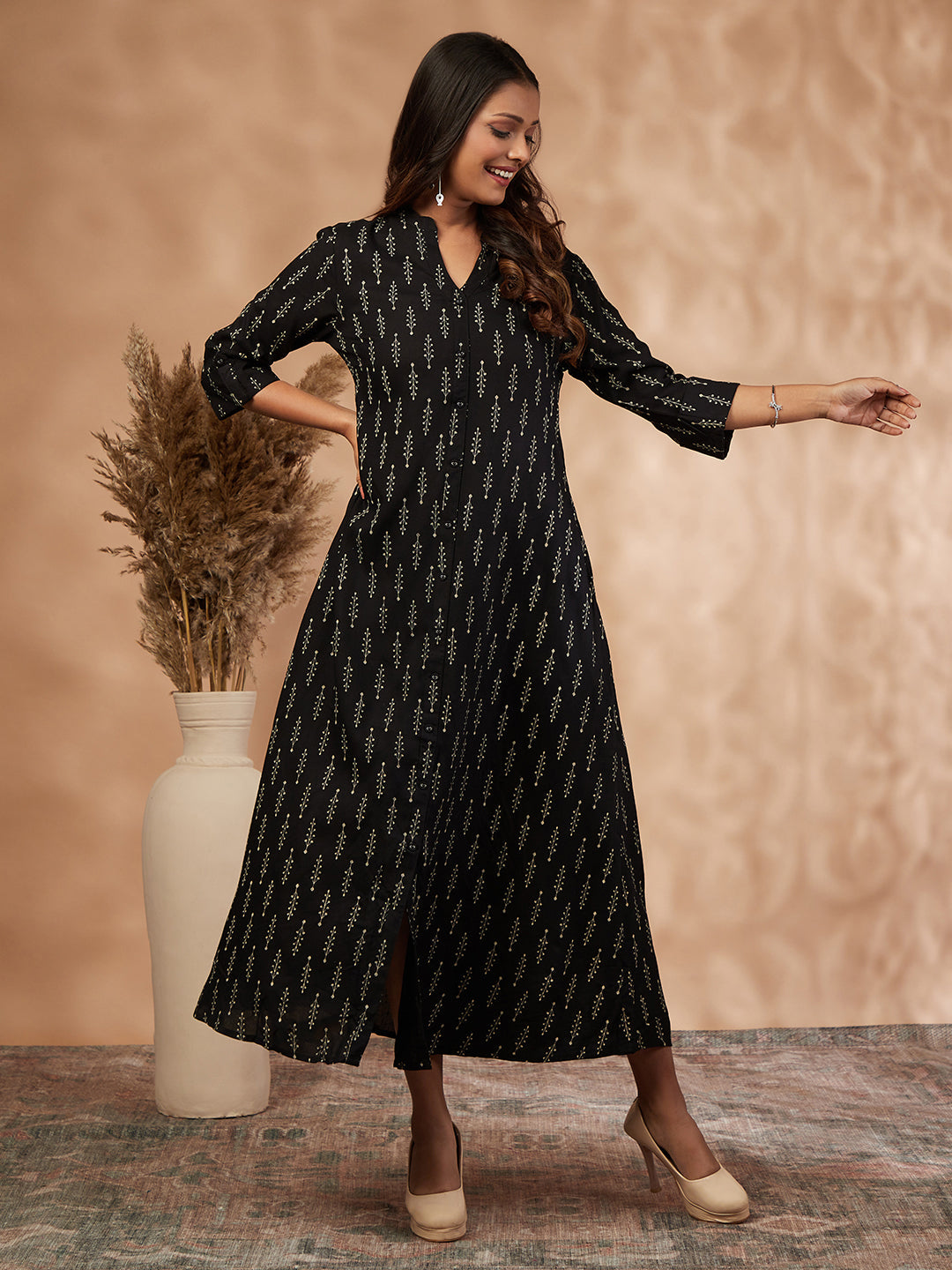 Black Printed A-Line Dress