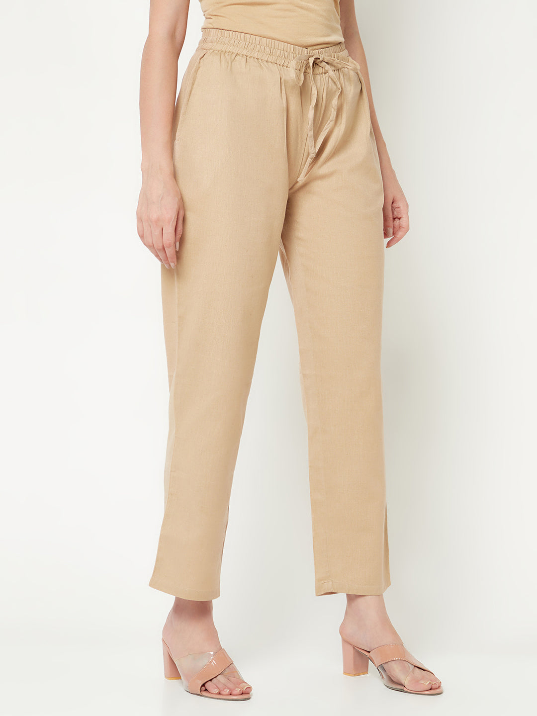 Beige Solid Straight Pants