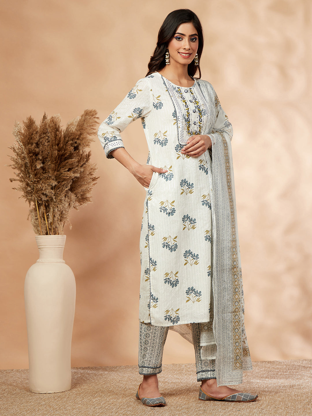 Blue Cotton Printed Straight Kurta Set
