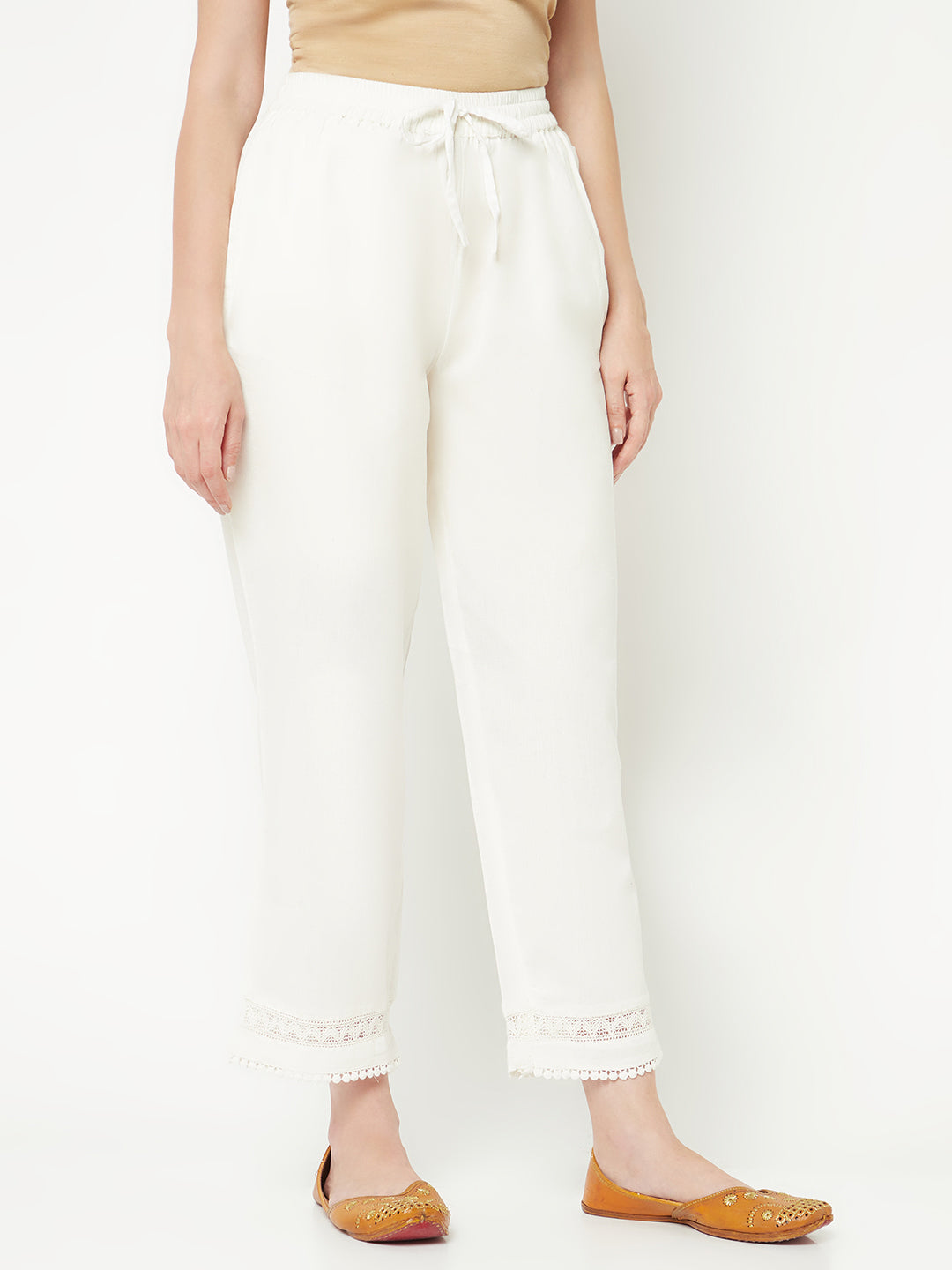 White Straight Trousers With Laced Hem