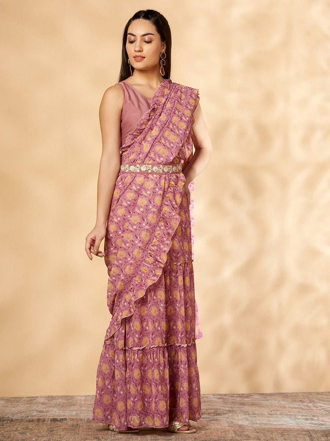 Pink Ruffled Lehenga- Sari