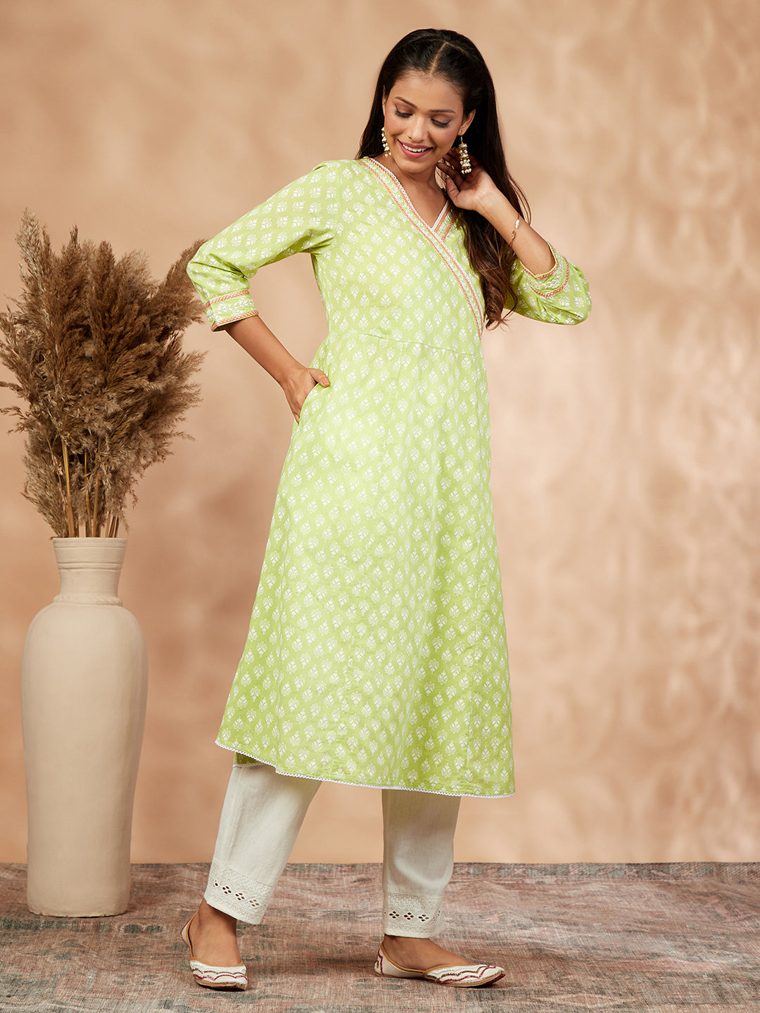 Printed Lime Green Gathered  Kurta