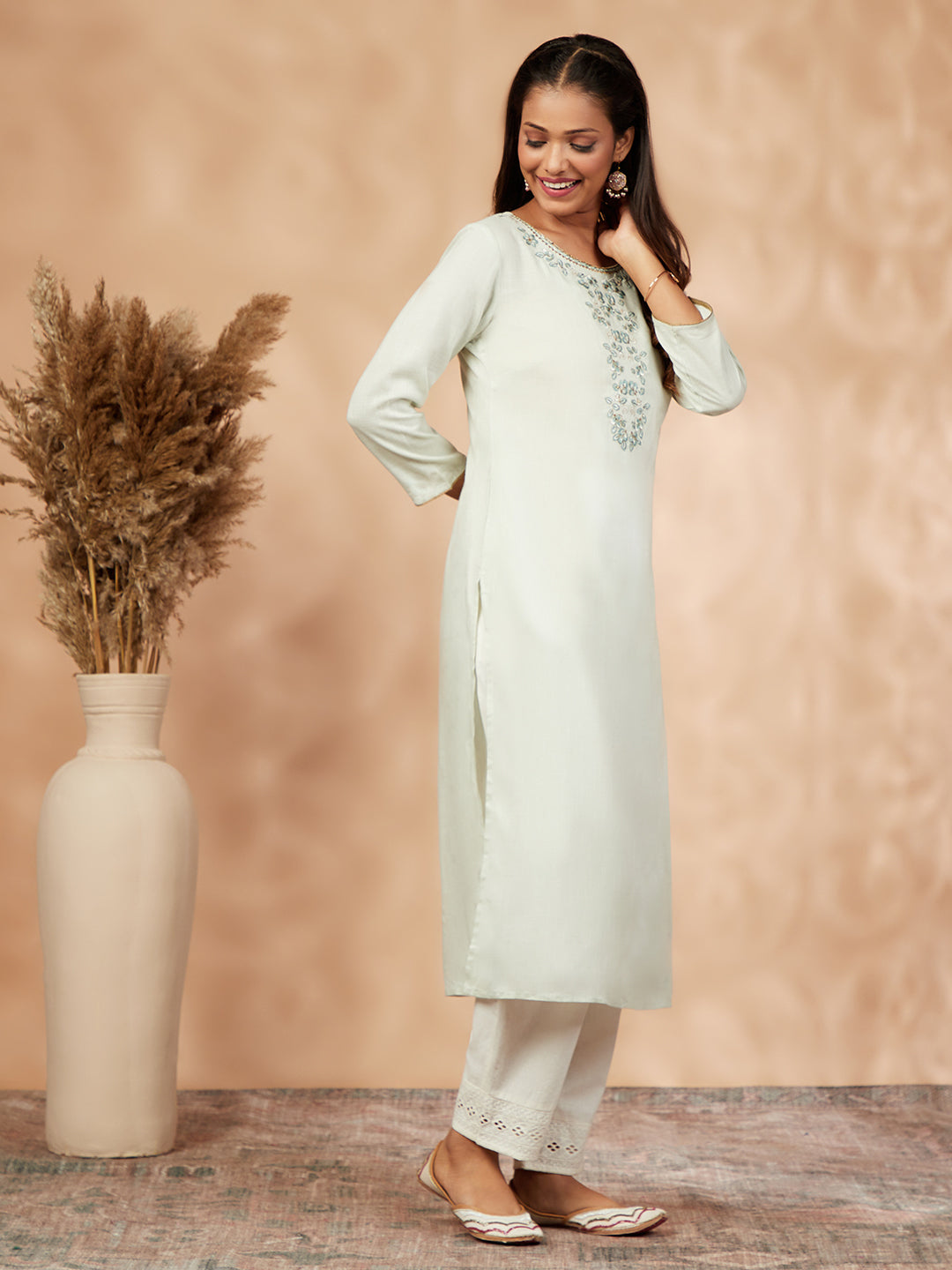 Light Green Solid Floral Straight Kurta