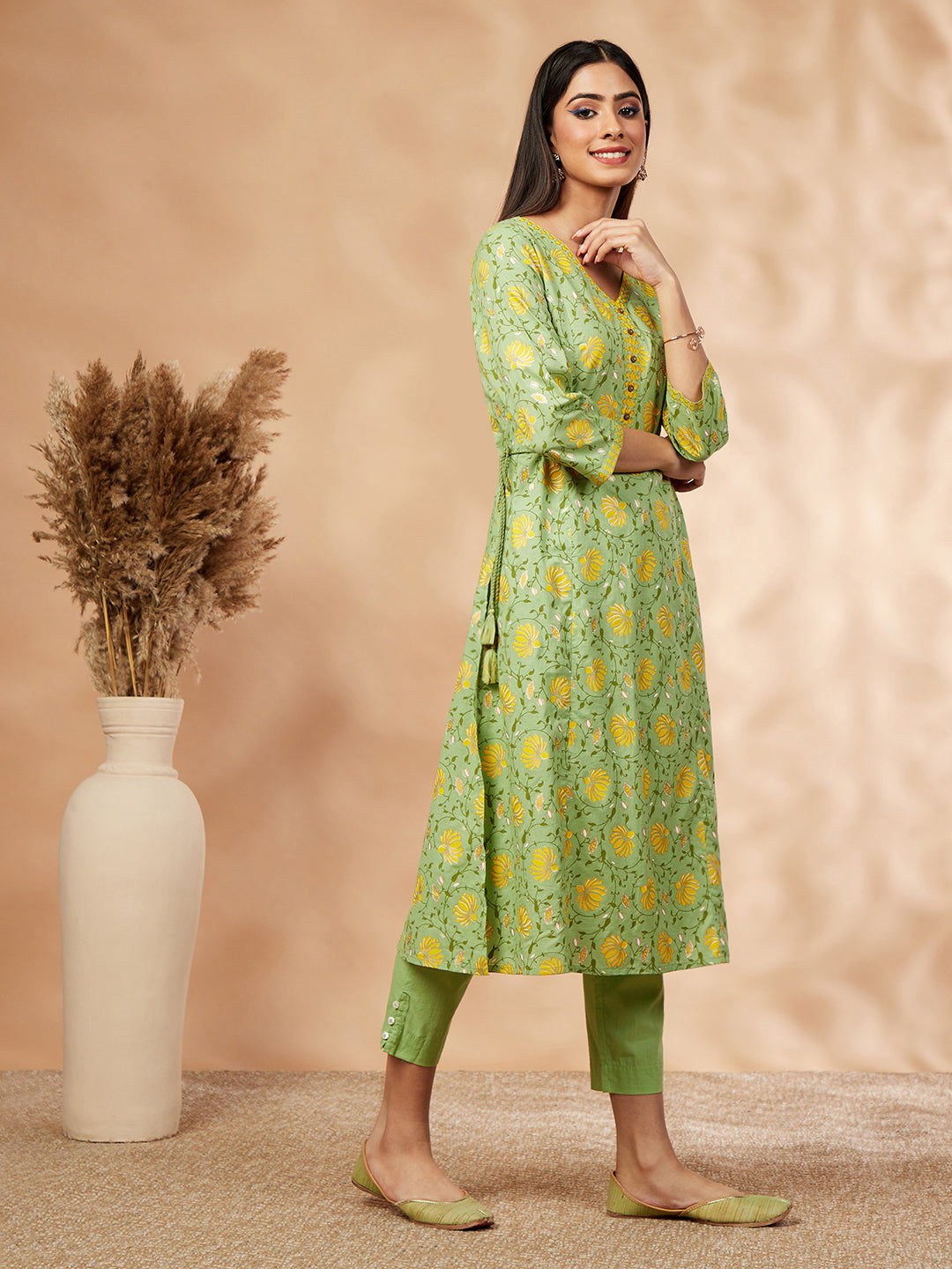 Lime Green Floral Print A-Line Kurta