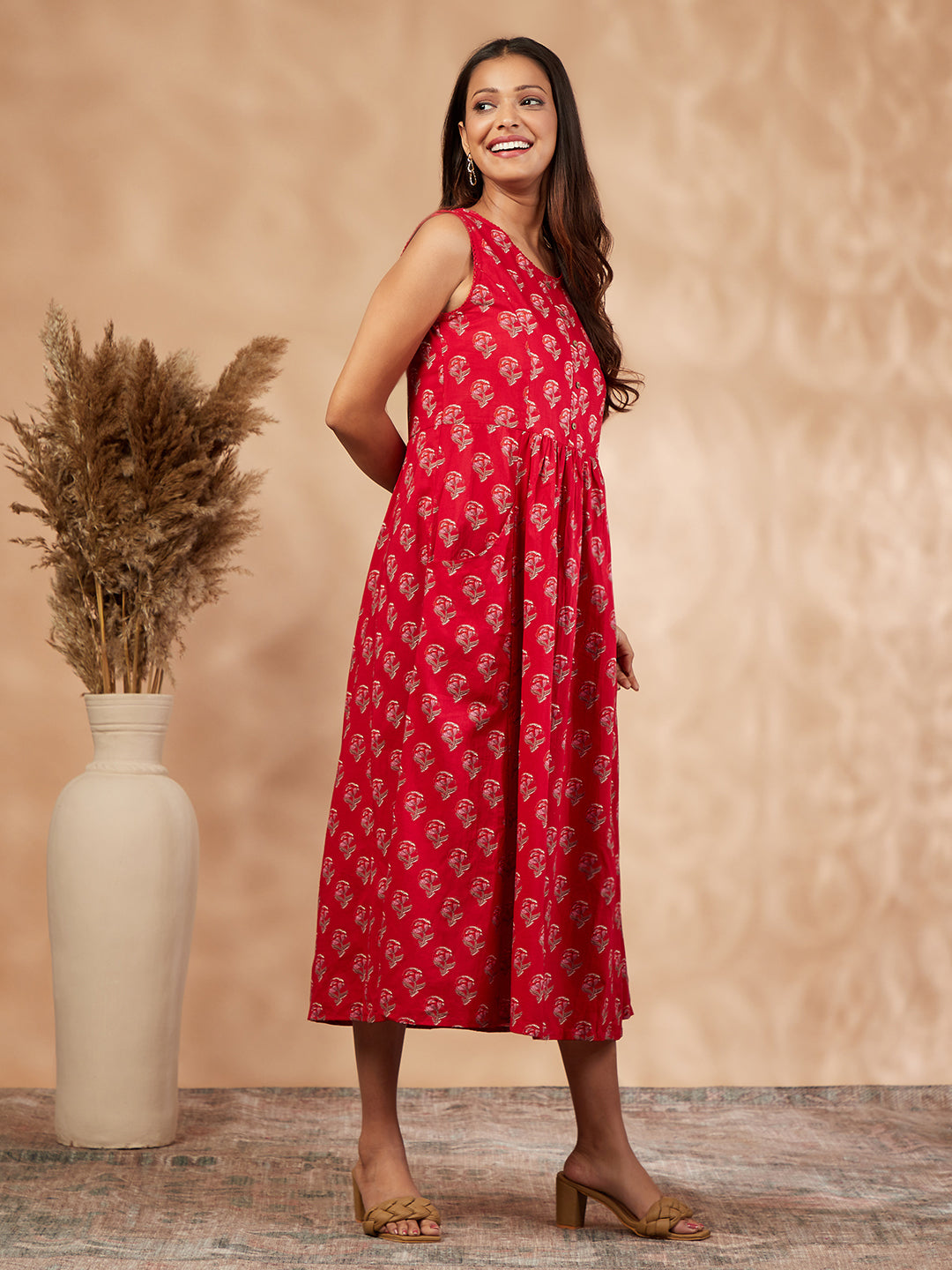 Red Print Gathered Dress