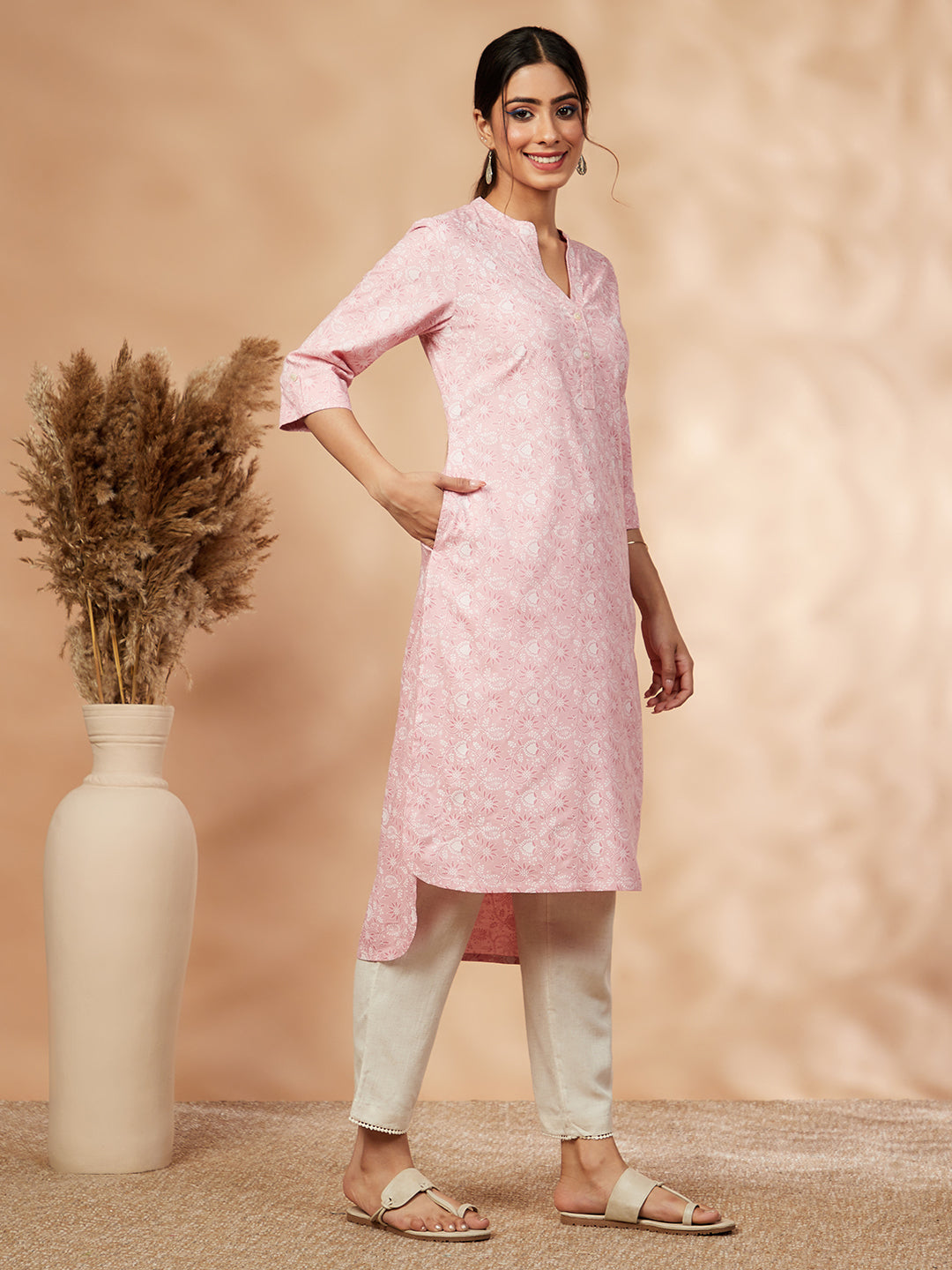 Printed Light Pink Straight Kurta