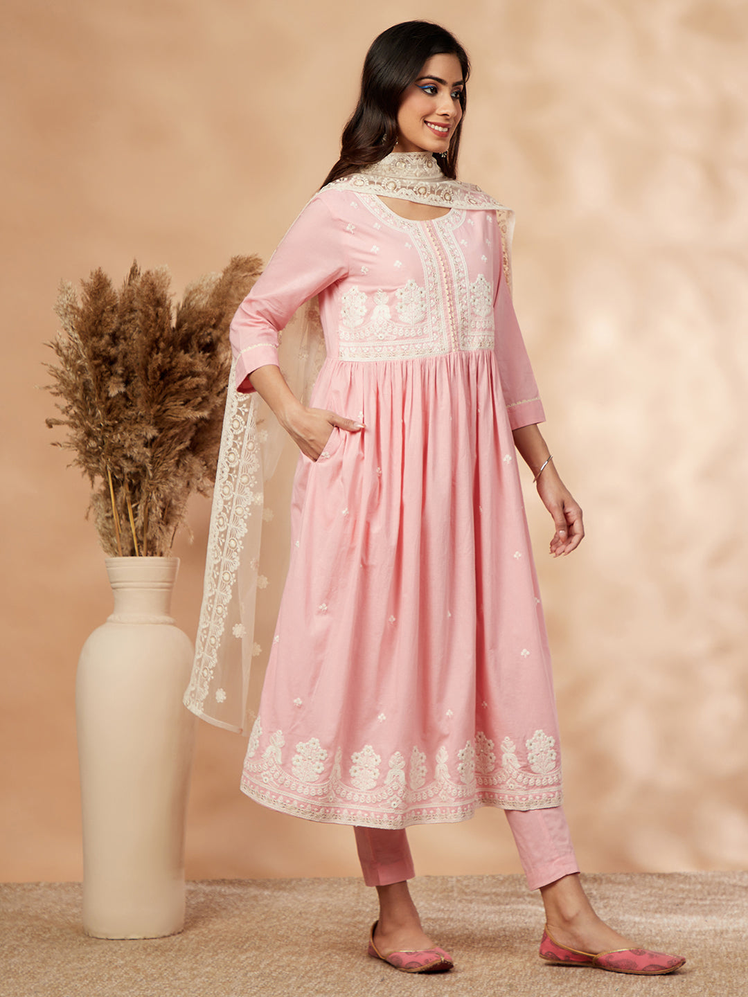 Light Pink Embroidered Gathered Kurta Set