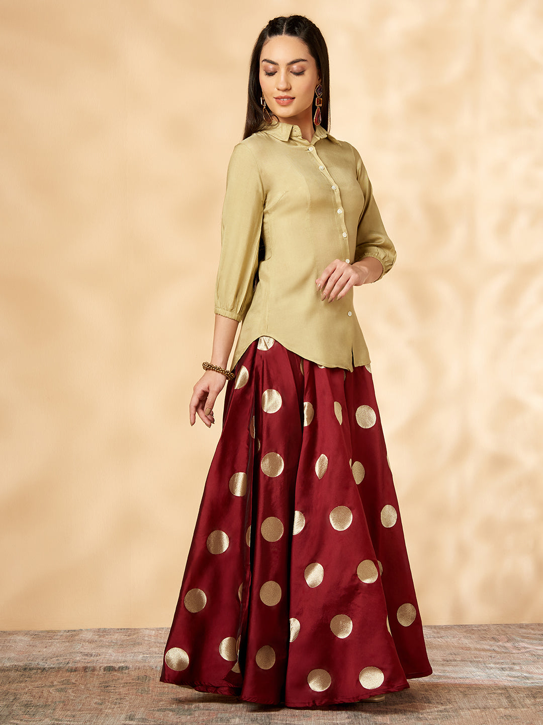 Indo-western Beige & Maroon Flared Skirt Set