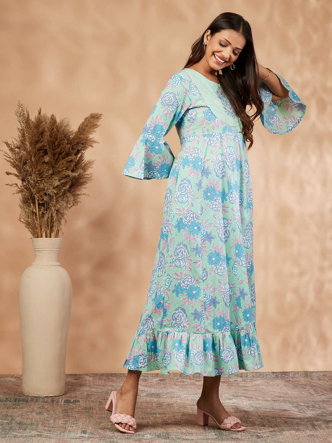 Mint Floral Print  Anarkali Dress