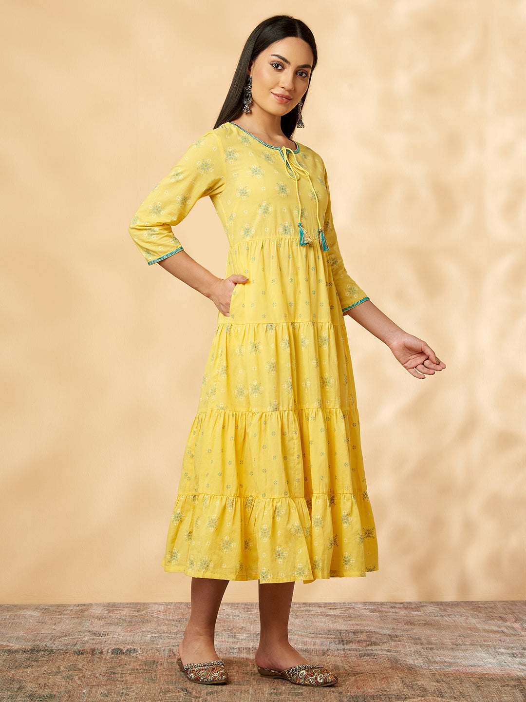 Yellow Printed Tiered Dress