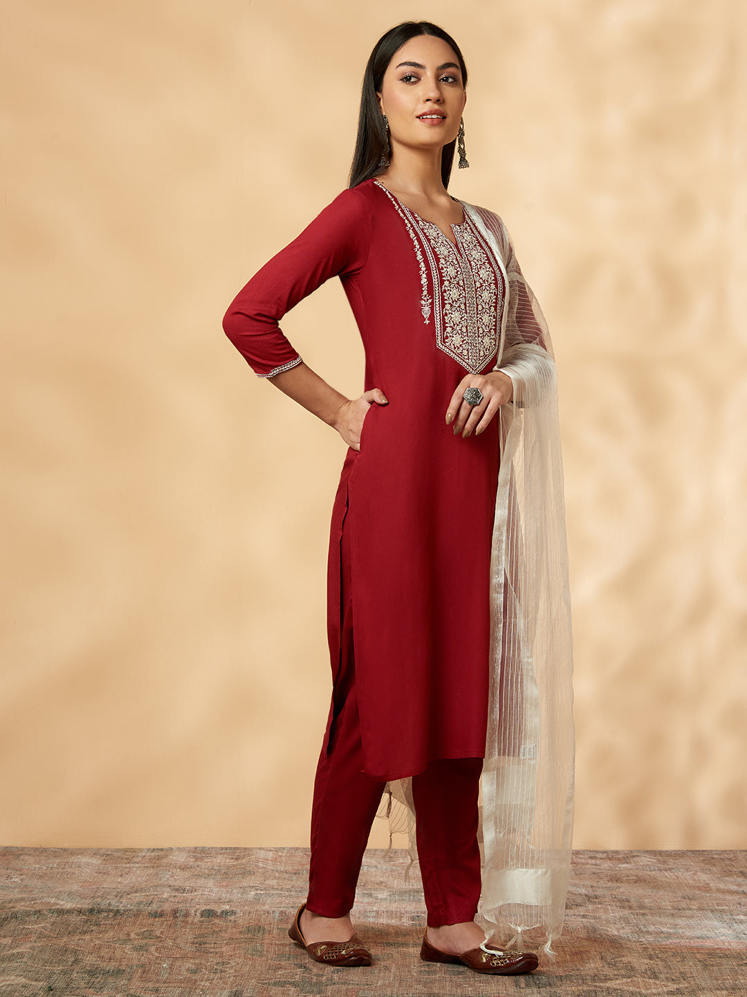 Maroon Embroidered Straight Kurta Set