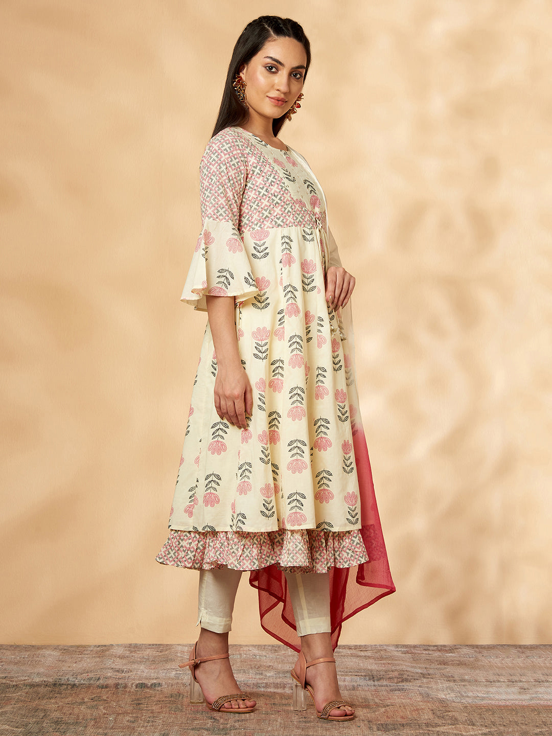 Off-White Printed Anarkali Kurta Set