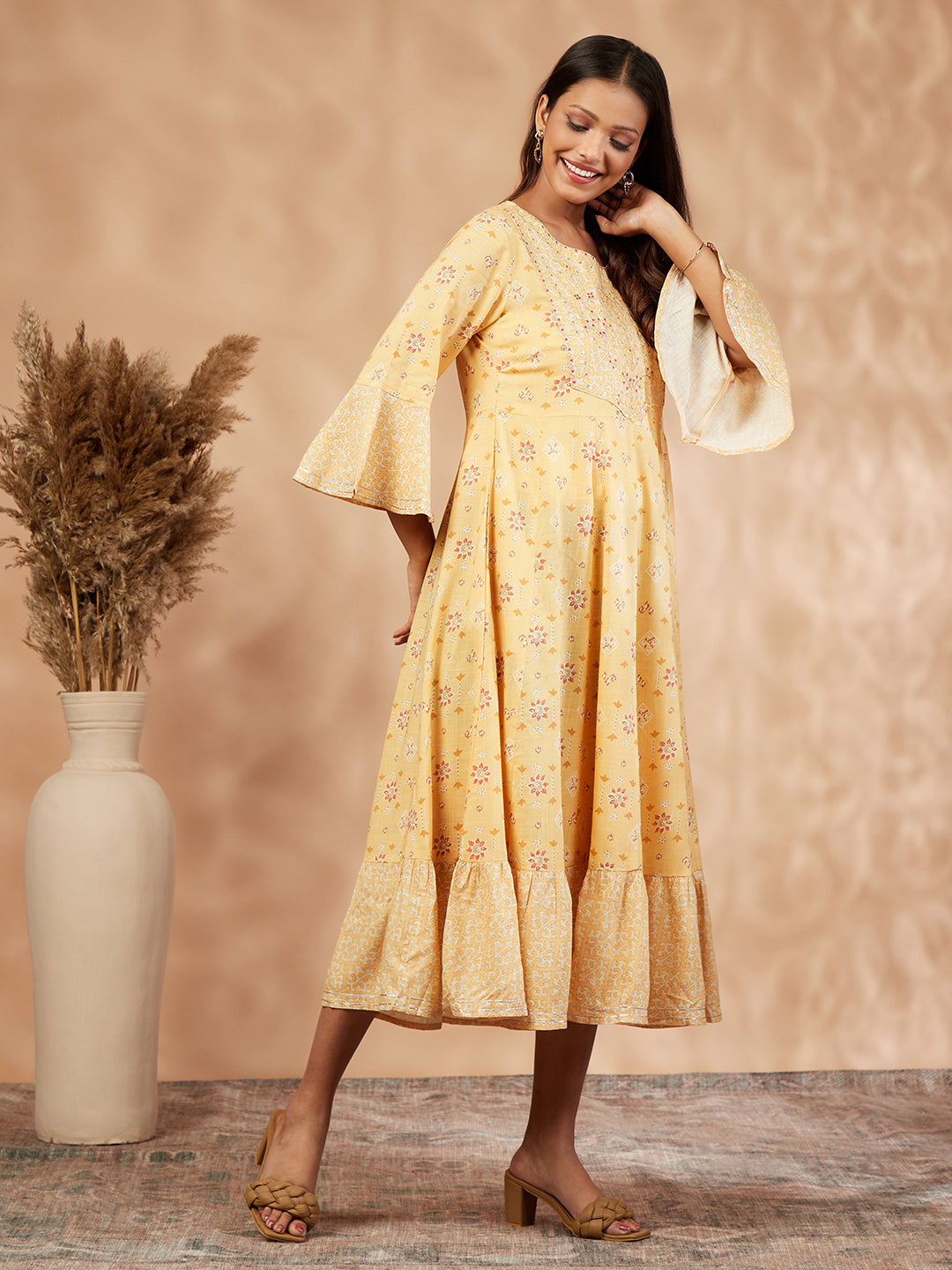 Mustard Printed Rayon Anarkali Dress