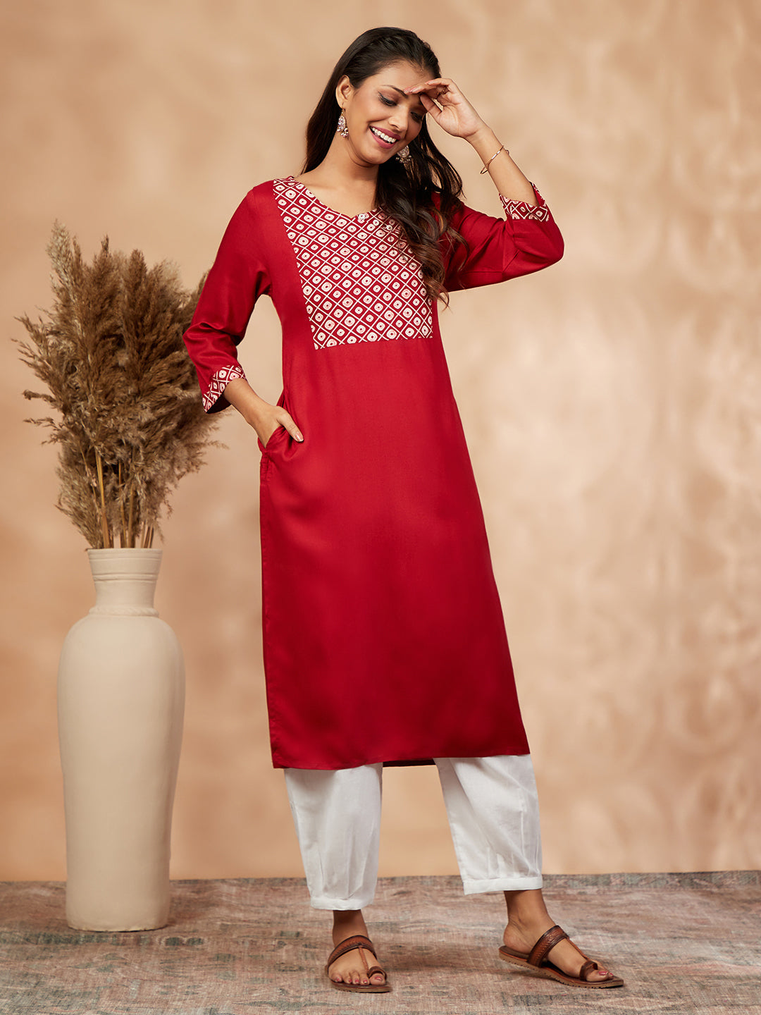 Printed Red Straight Kurta