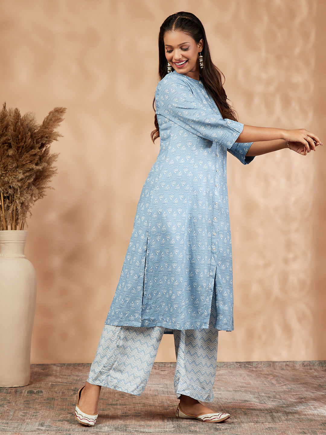 Blue Printed A-Line Kurta Set