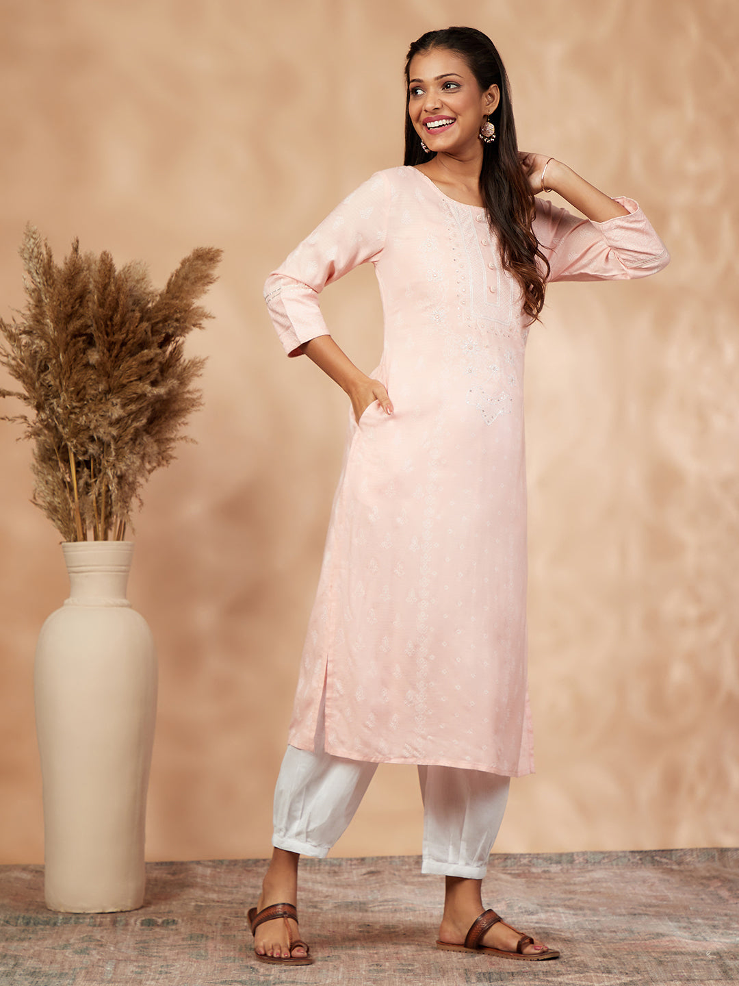 Light Pink Printed Straight Kurta